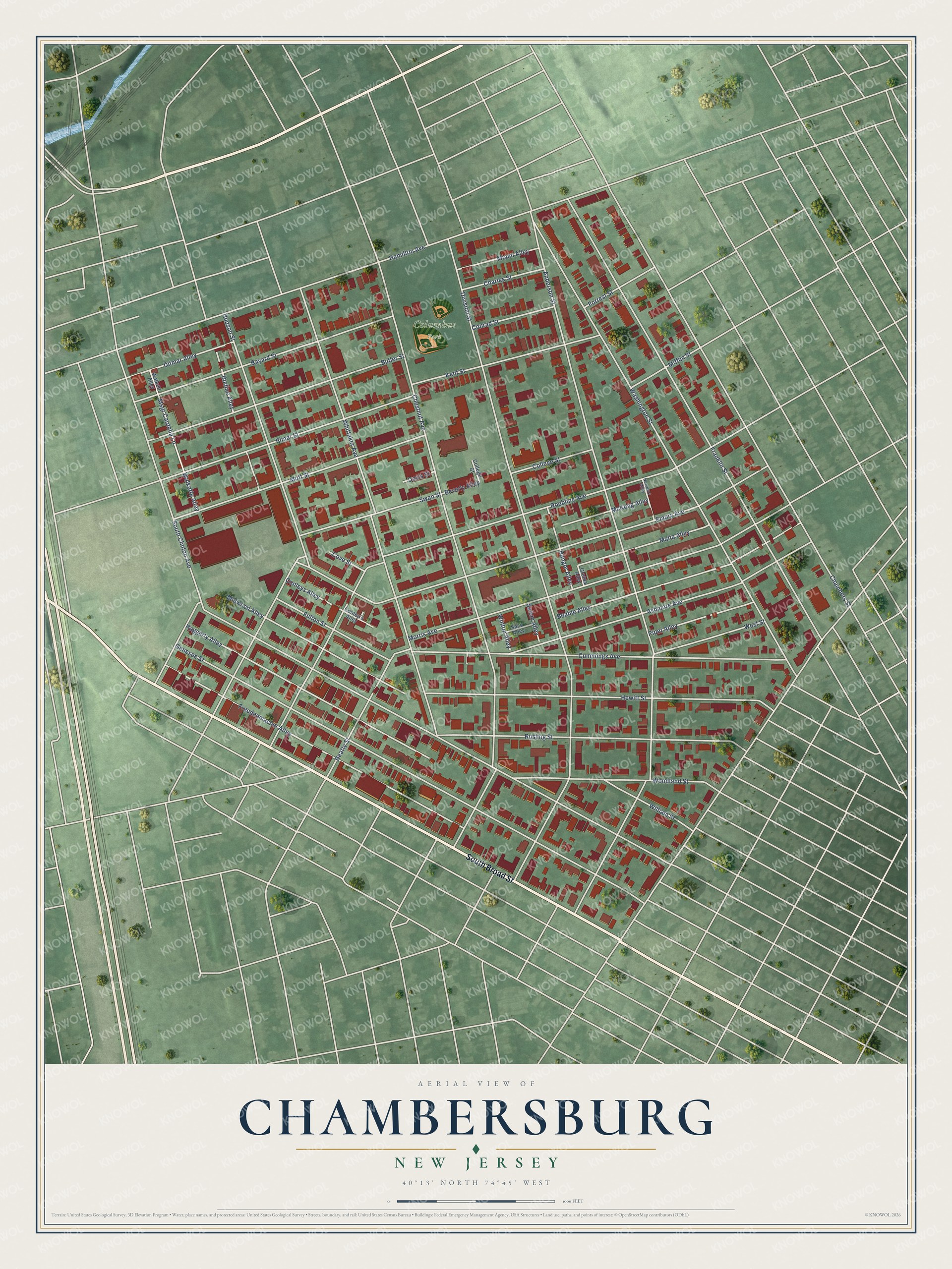 Full map of Chambersburg, New Jersey, with red buildings, printed street names and the land around them