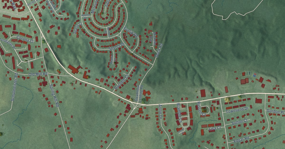 Close-up of streets and buildings in Cheesequake, New Jersey