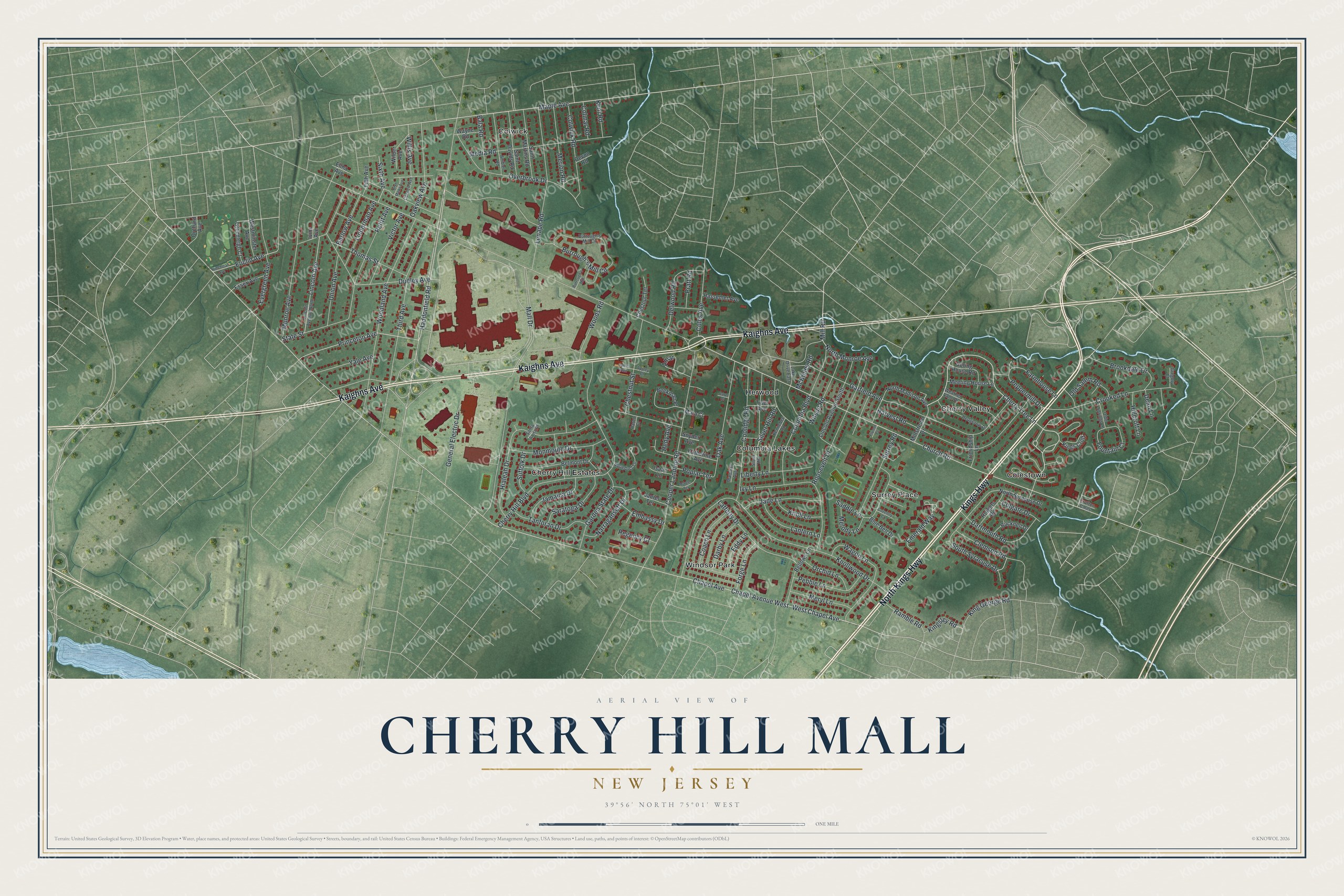Full map of Cherry Hill Mall, New Jersey, with red buildings, printed street names and the land around them