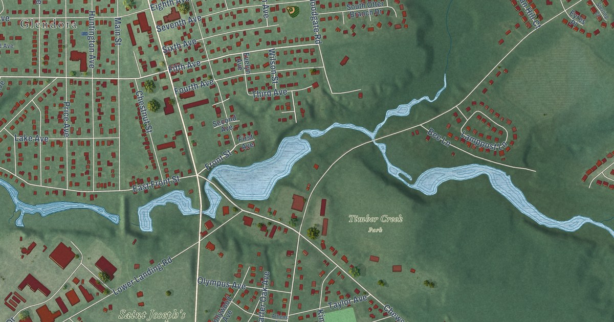 Close-up of streets and buildings in Chews, New Jersey