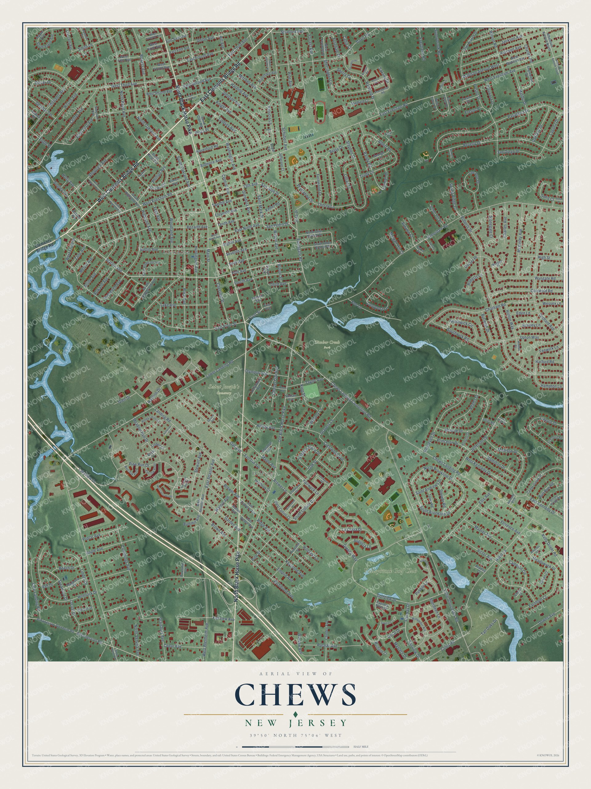 Full map of Chews, New Jersey, with red buildings, printed street names and the land around them