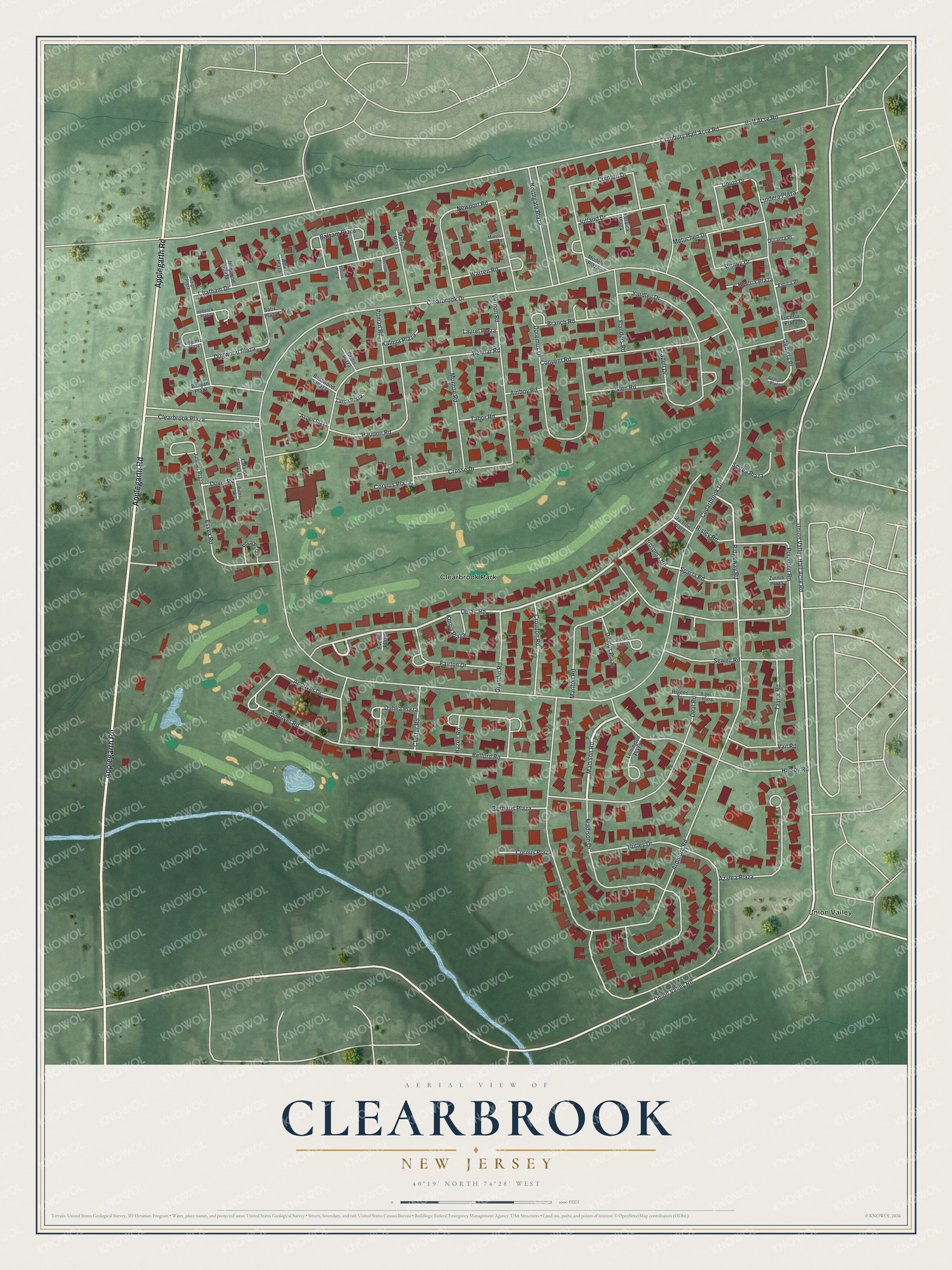 Full map of Clearbrook, New Jersey, with red buildings, printed street names and the land around them