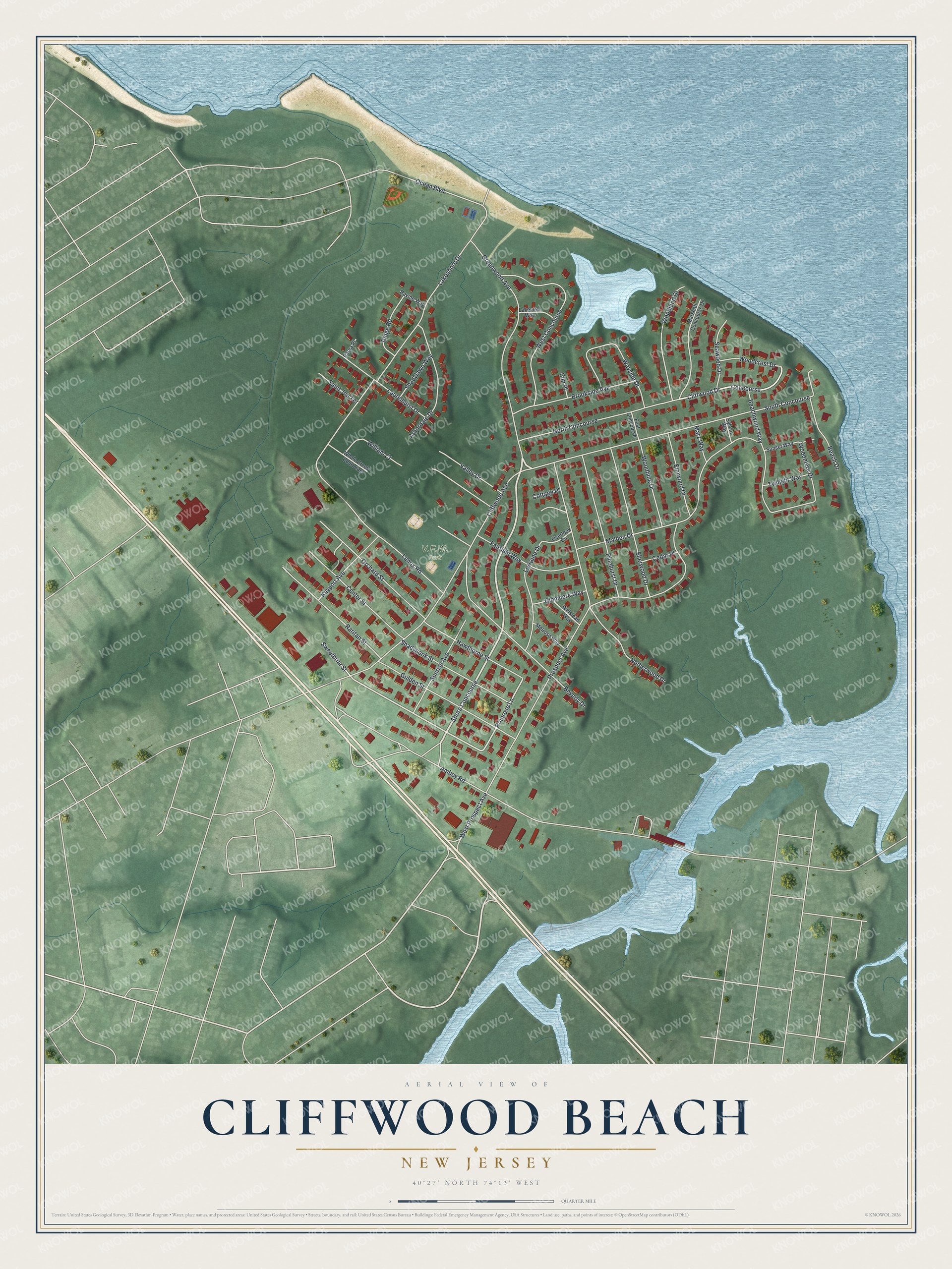 Full map of Cliffwood Beach, New Jersey, with red buildings, printed street names and the land around them