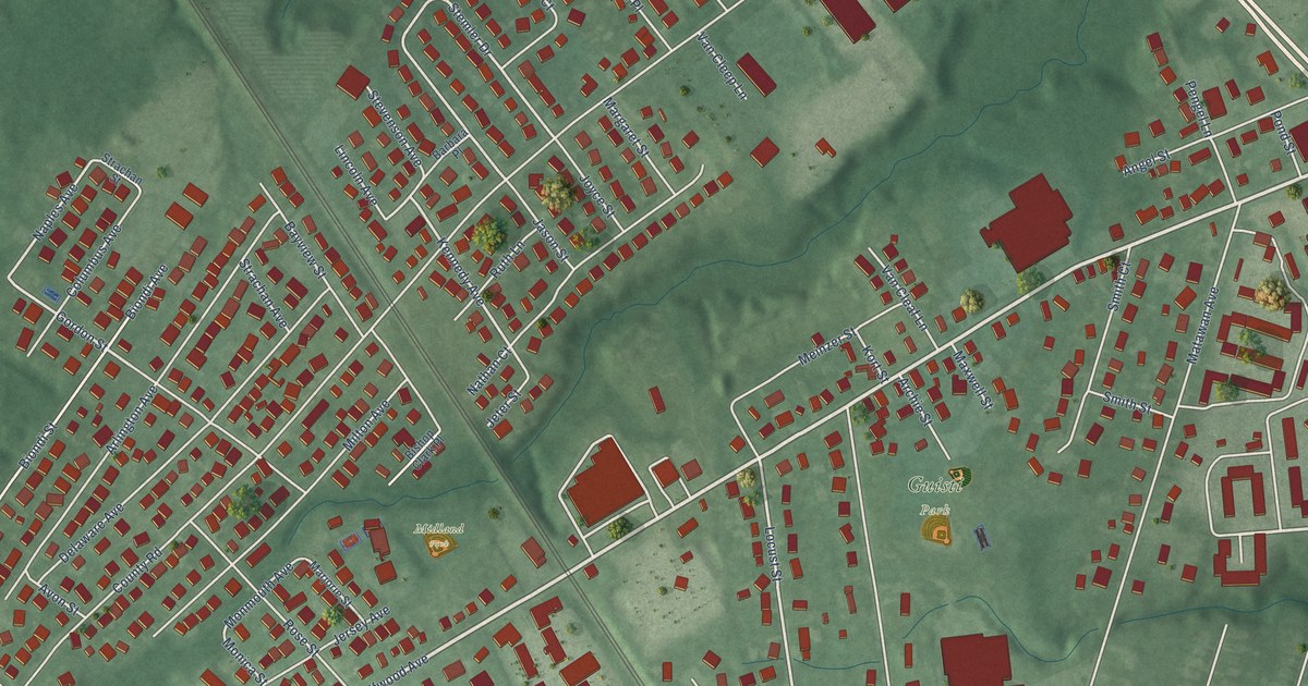 Close-up of streets and buildings in Cliffwood, New Jersey