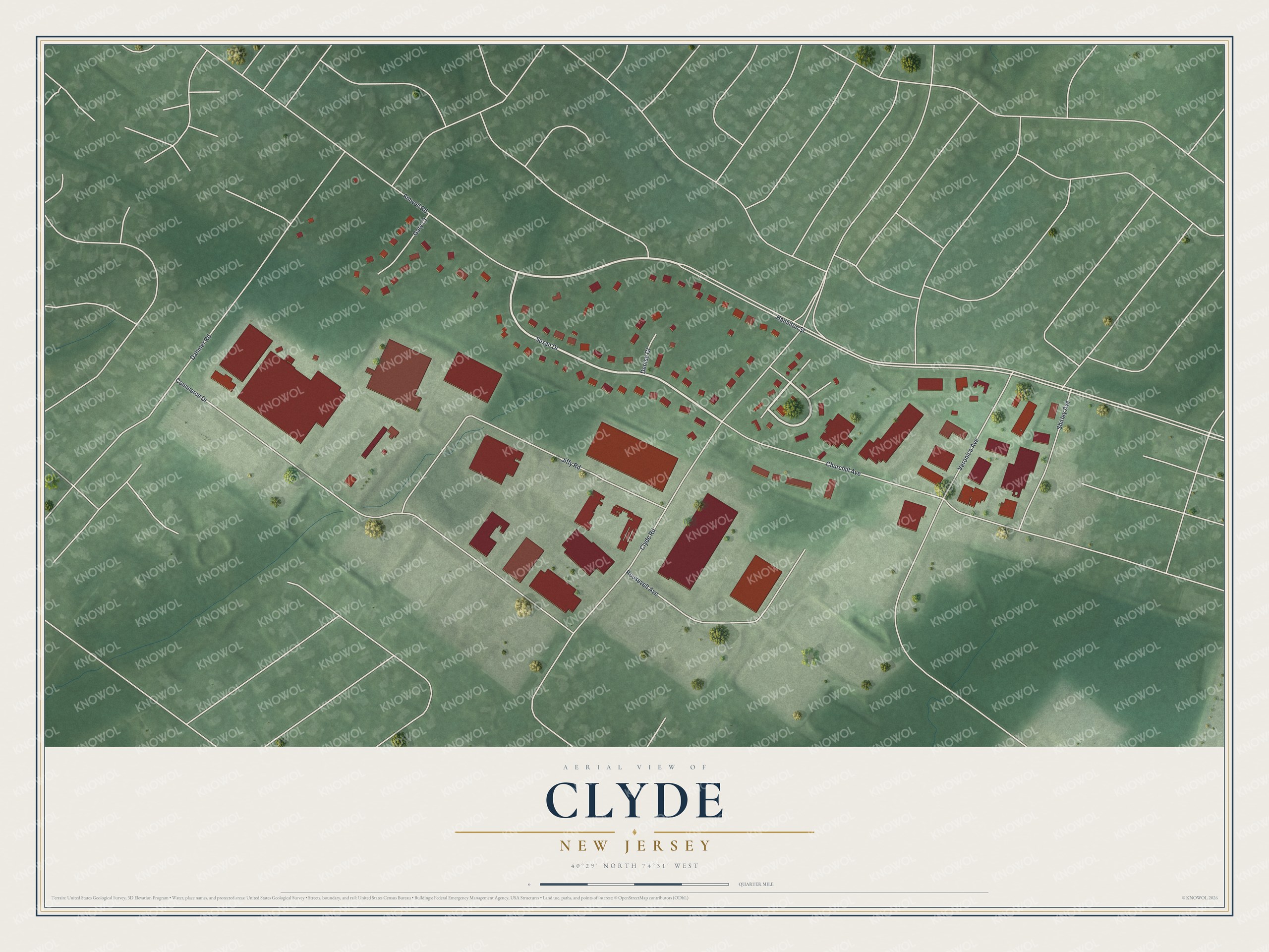 Full map of Clyde, New Jersey, with red buildings, printed street names and the land around them