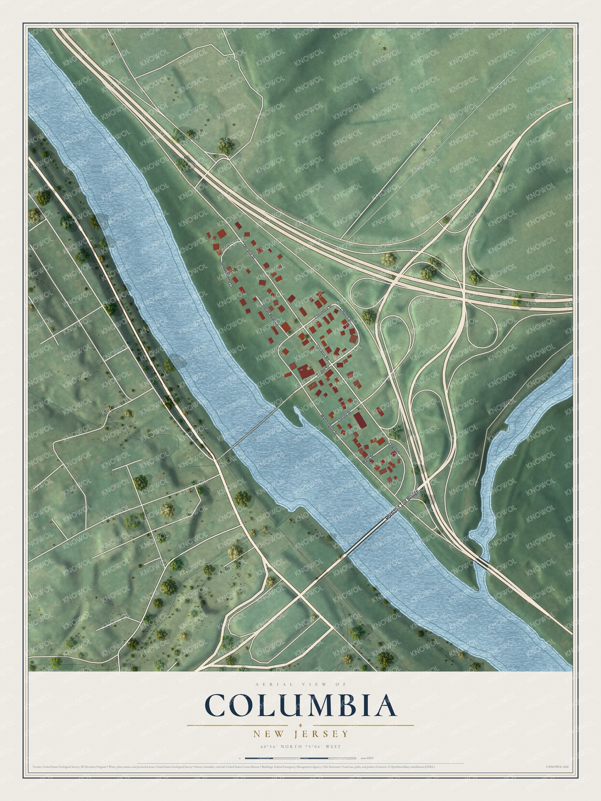 Full map of Columbia, New Jersey, with red buildings, printed street names and the land around them