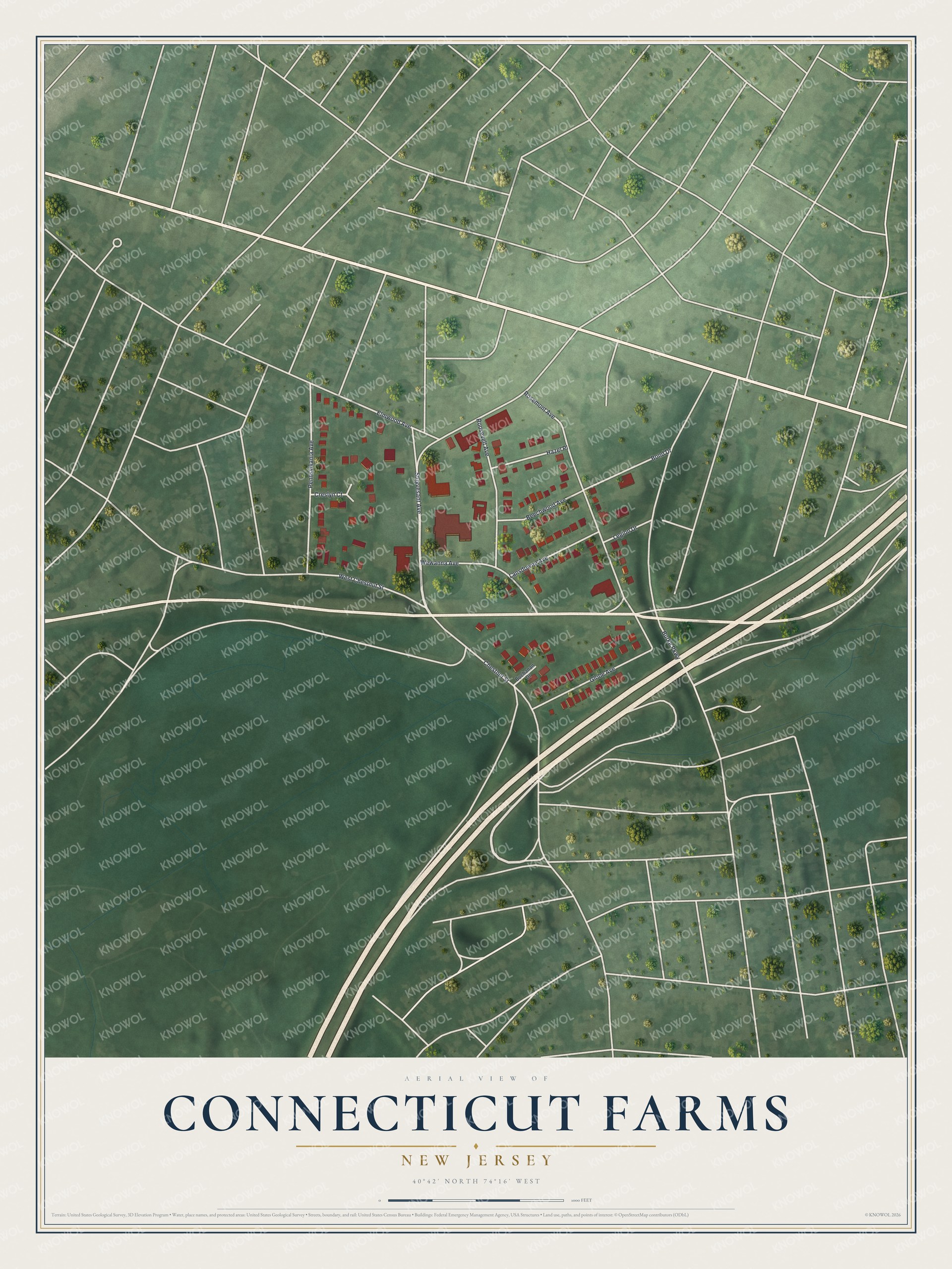 Full map of Connecticut Farms, New Jersey, with red buildings, printed street names and the land around them