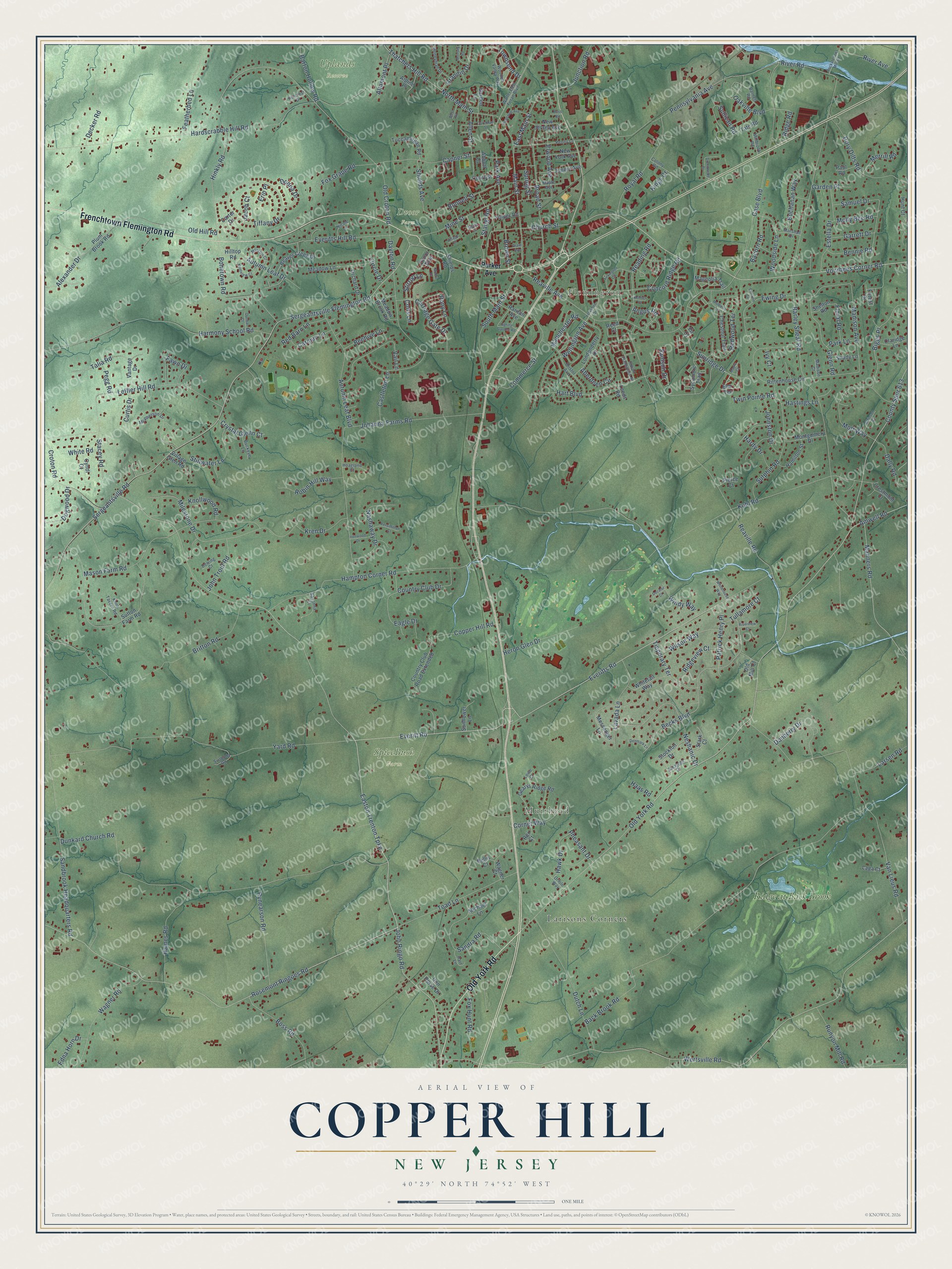 Full map of Copper Hill, New Jersey, with red buildings, printed street names and the land around them