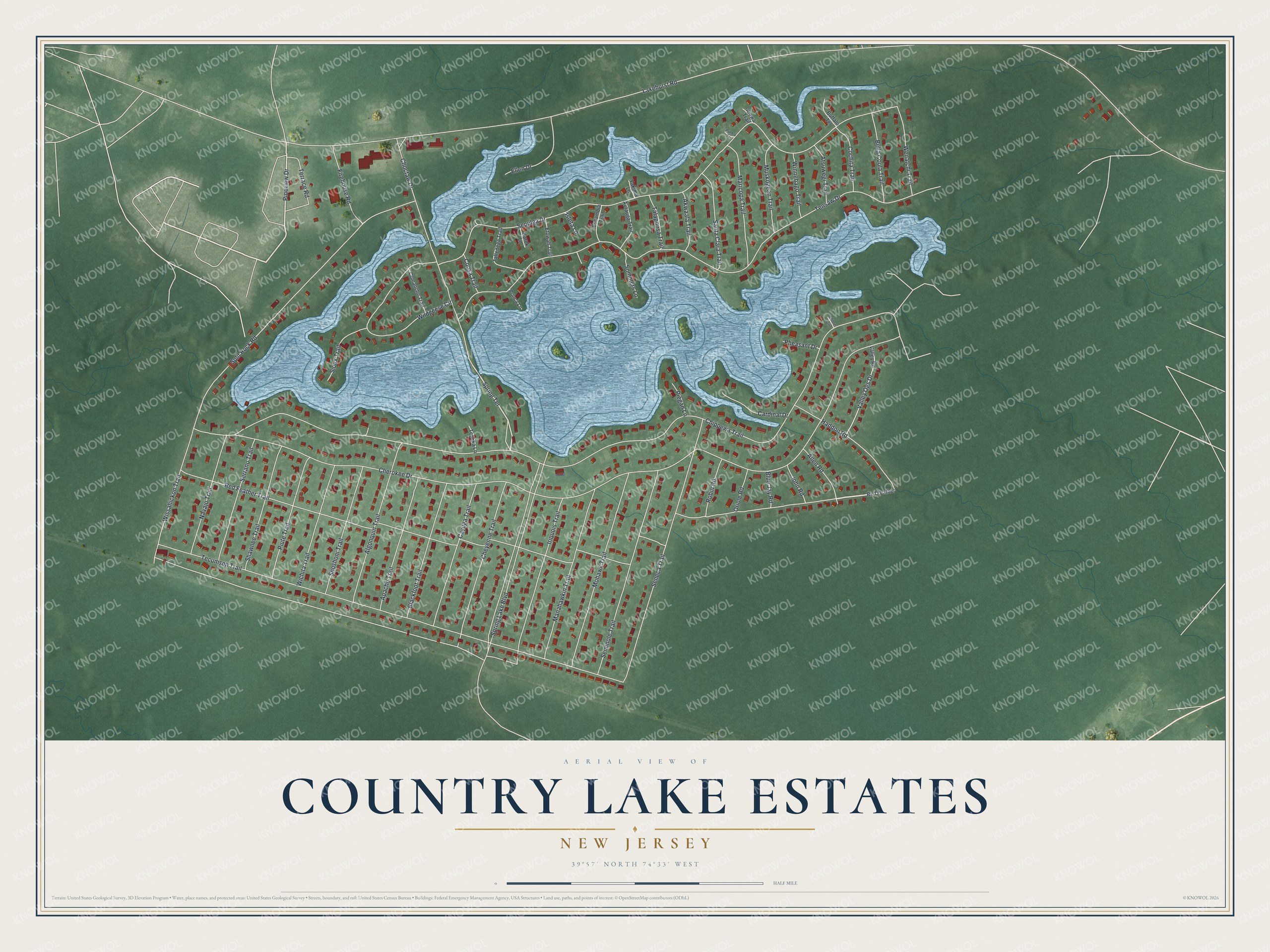 Full map of Country Lake Estates, New Jersey, with red buildings, printed street names and the land around them
