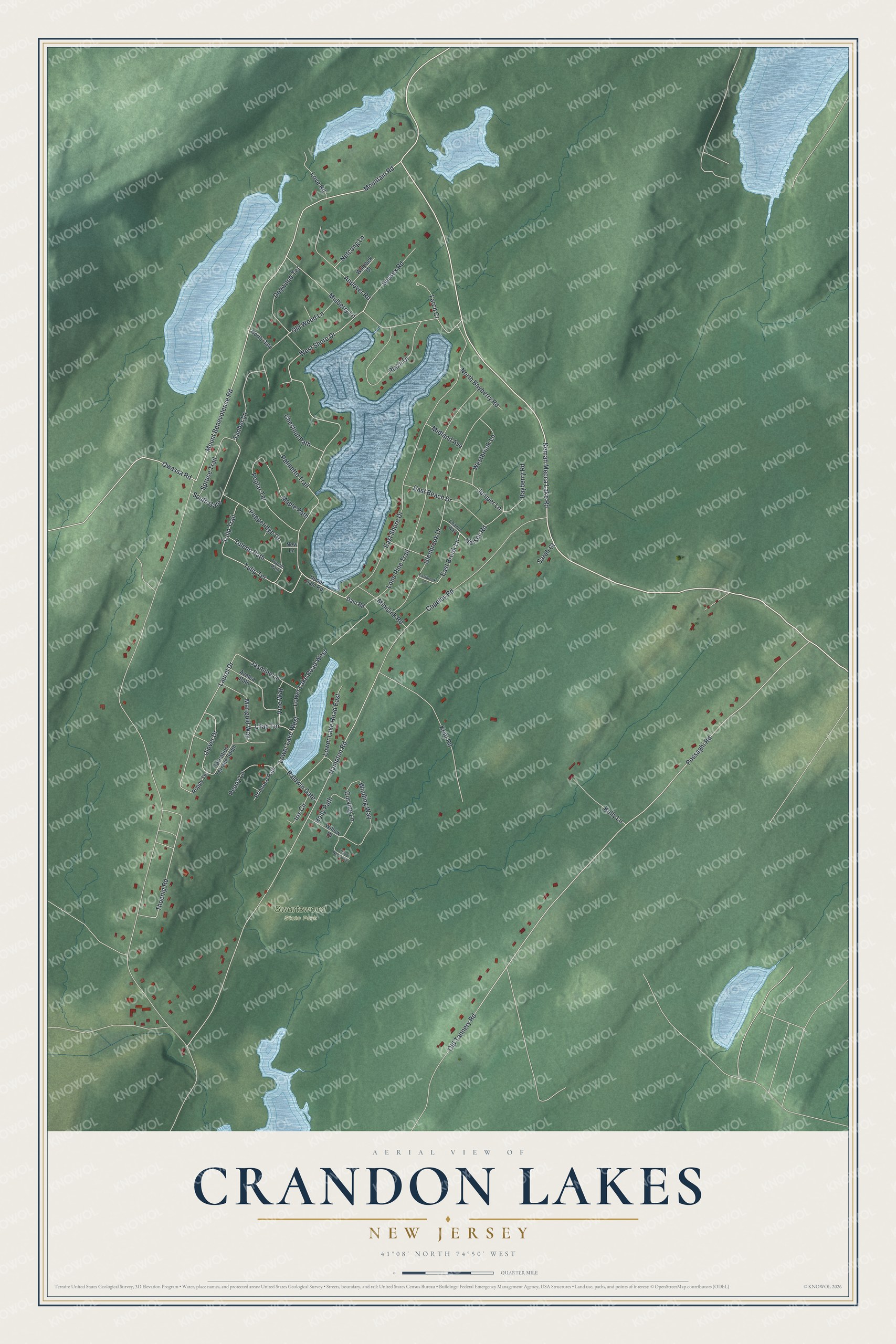 Full map of Crandon Lakes, New Jersey, with red buildings, printed street names and the land around them