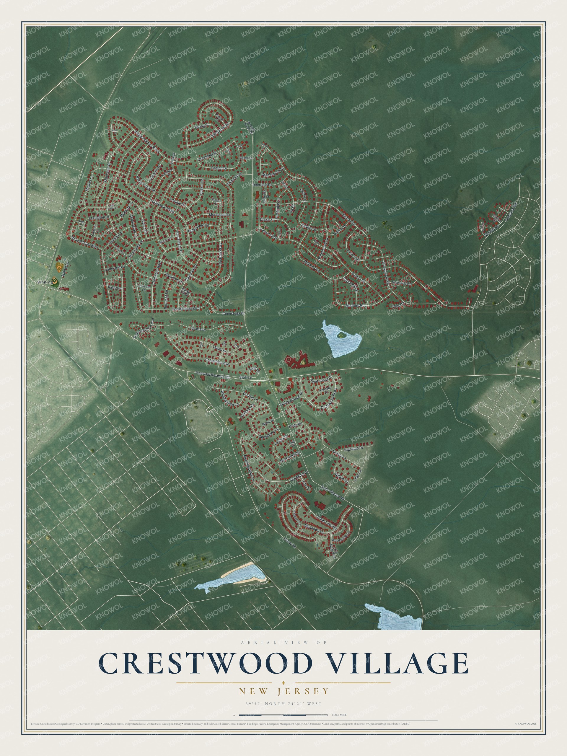 Full map of Crestwood Village, New Jersey, with red buildings, printed street names and the land around them