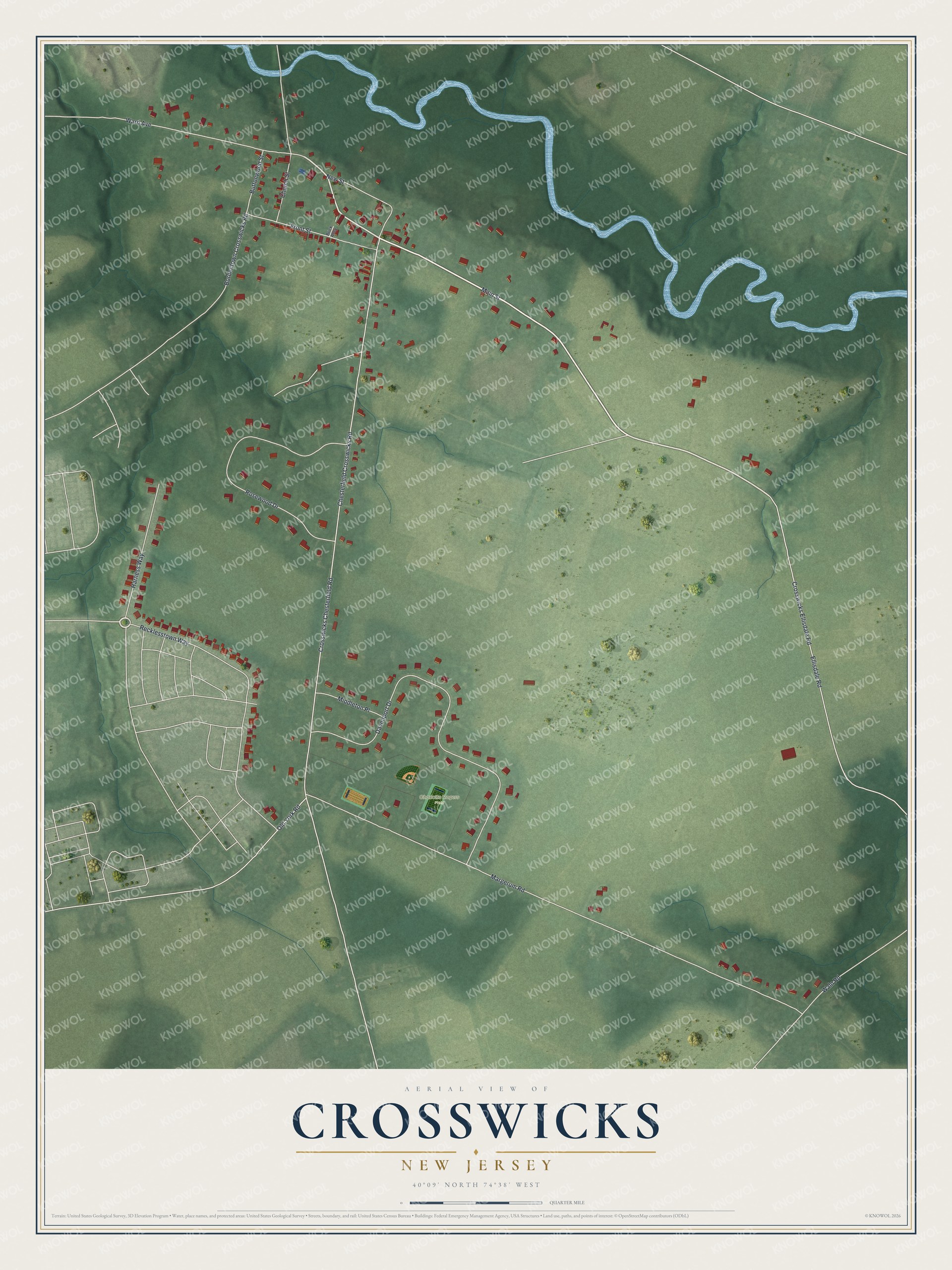 Full map of Crosswicks, New Jersey, with red buildings, printed street names and the land around them