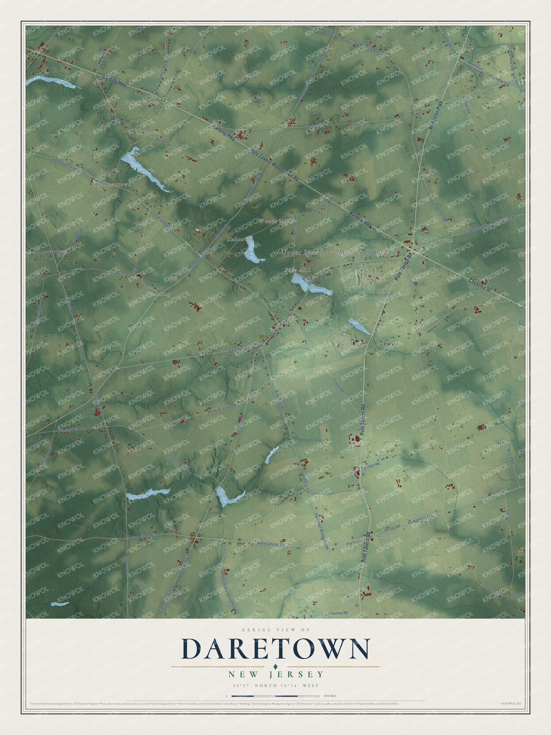 Full map of Daretown, New Jersey, with red buildings, printed street names and the land around them