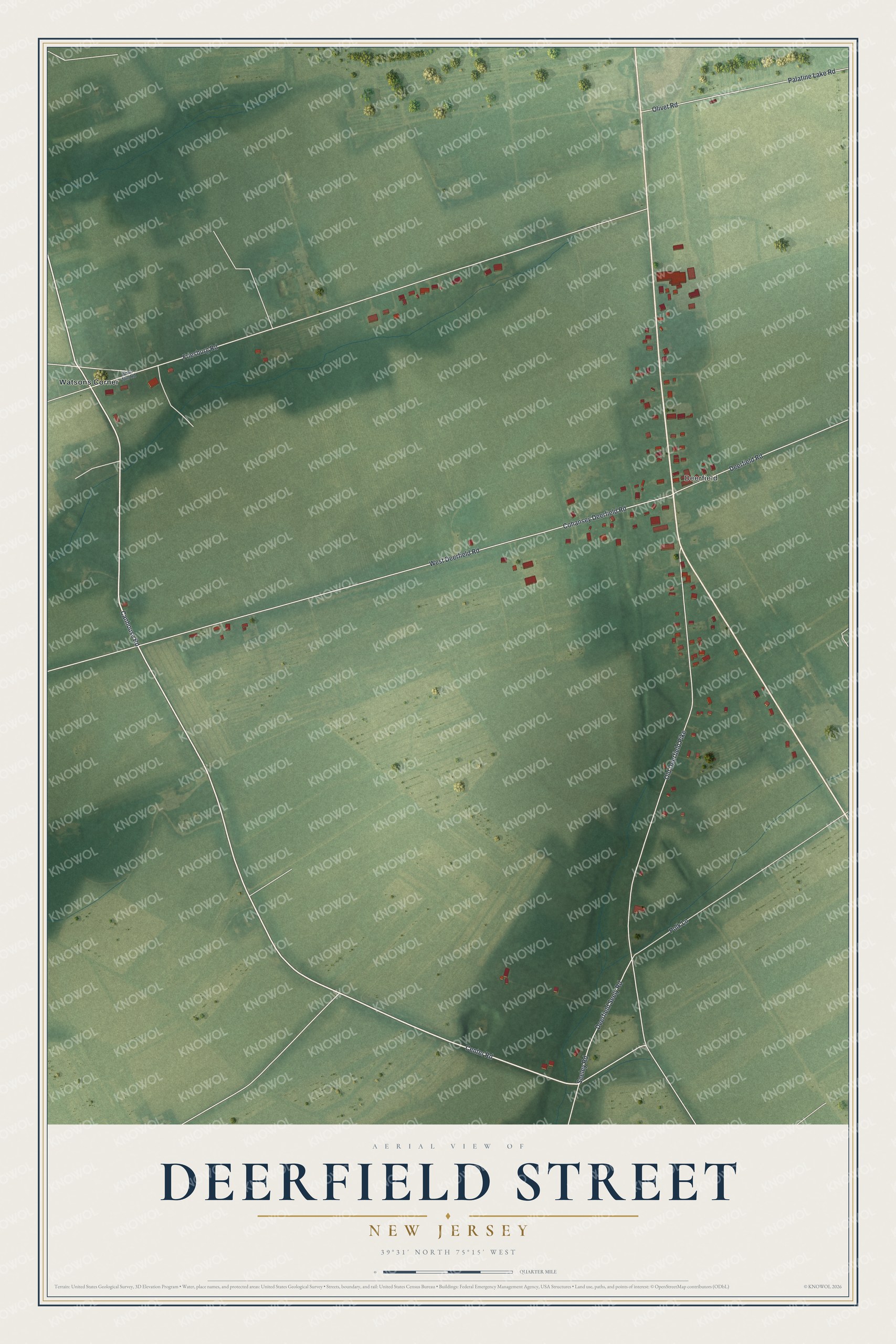 Full map of Deerfield Street, New Jersey, with red buildings, printed street names and the land around them