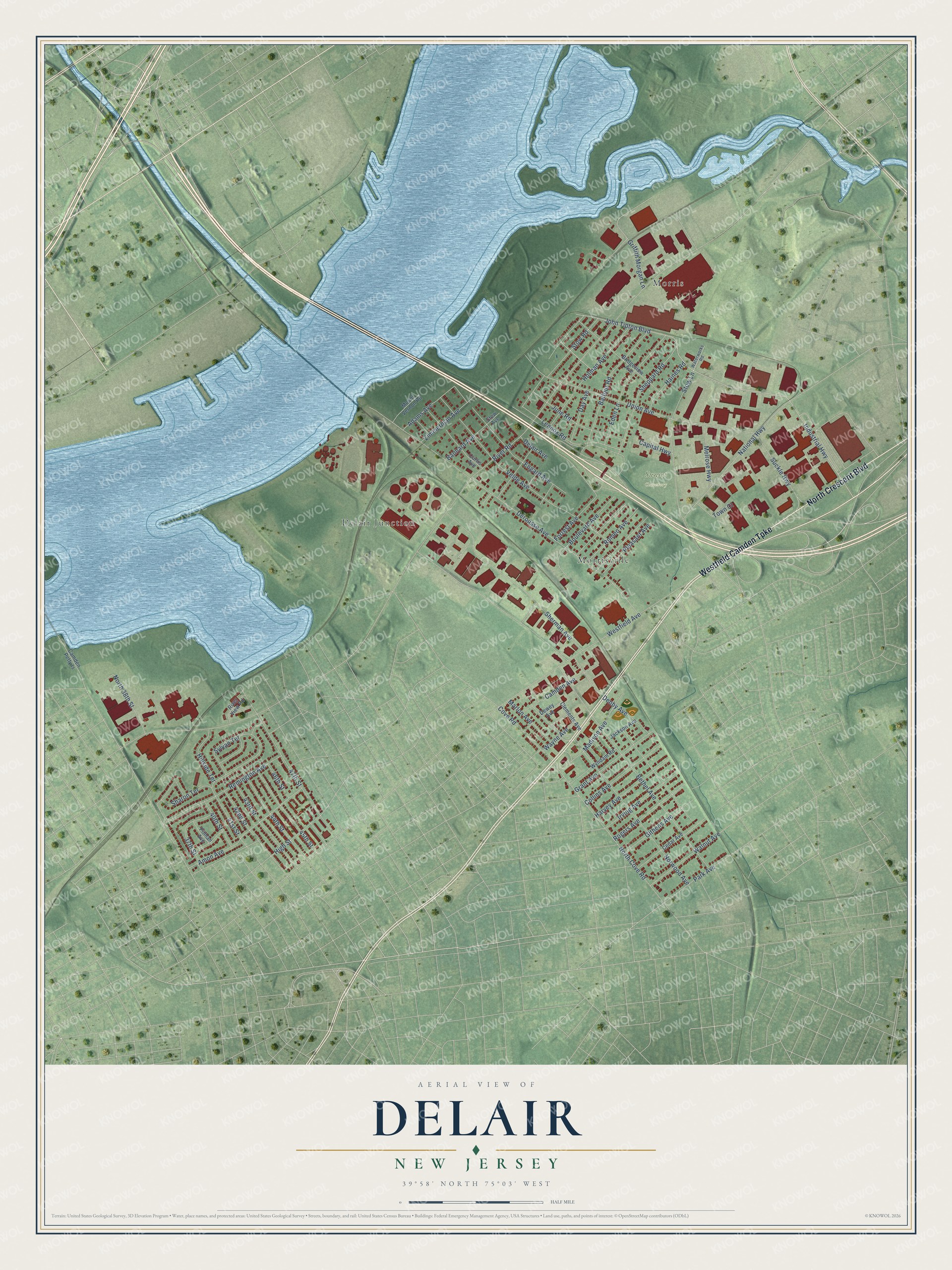 Full map of Delair, New Jersey, with red buildings, printed street names and the land around them