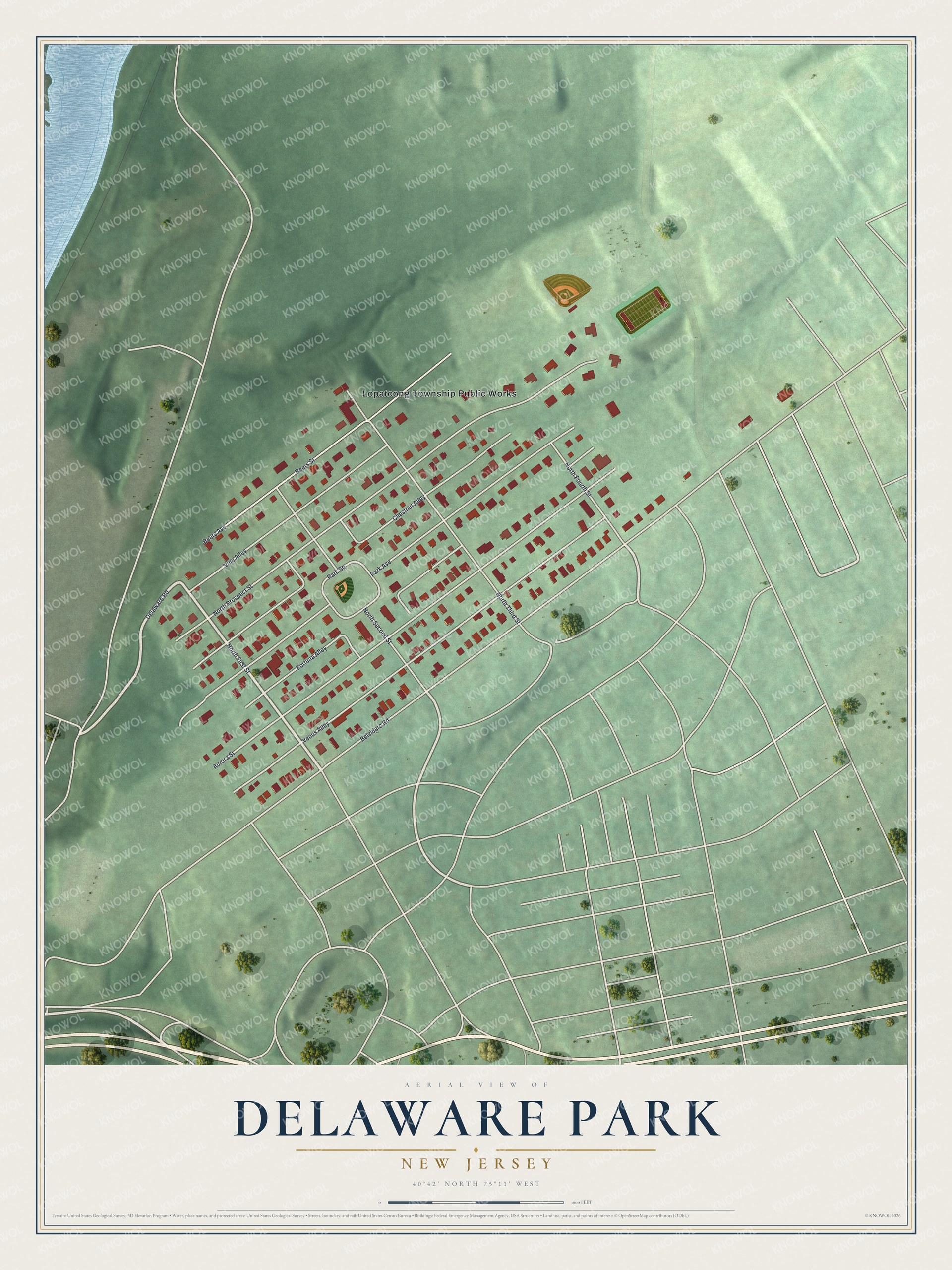 Full map of Delaware Park, New Jersey, with red buildings, printed street names and the land around them