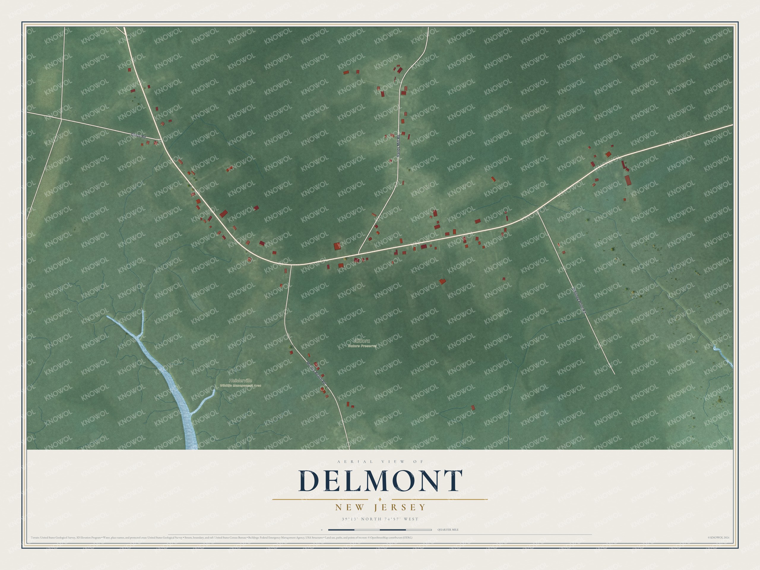 Full map of Delmont, New Jersey, with red buildings, printed street names and the land around them