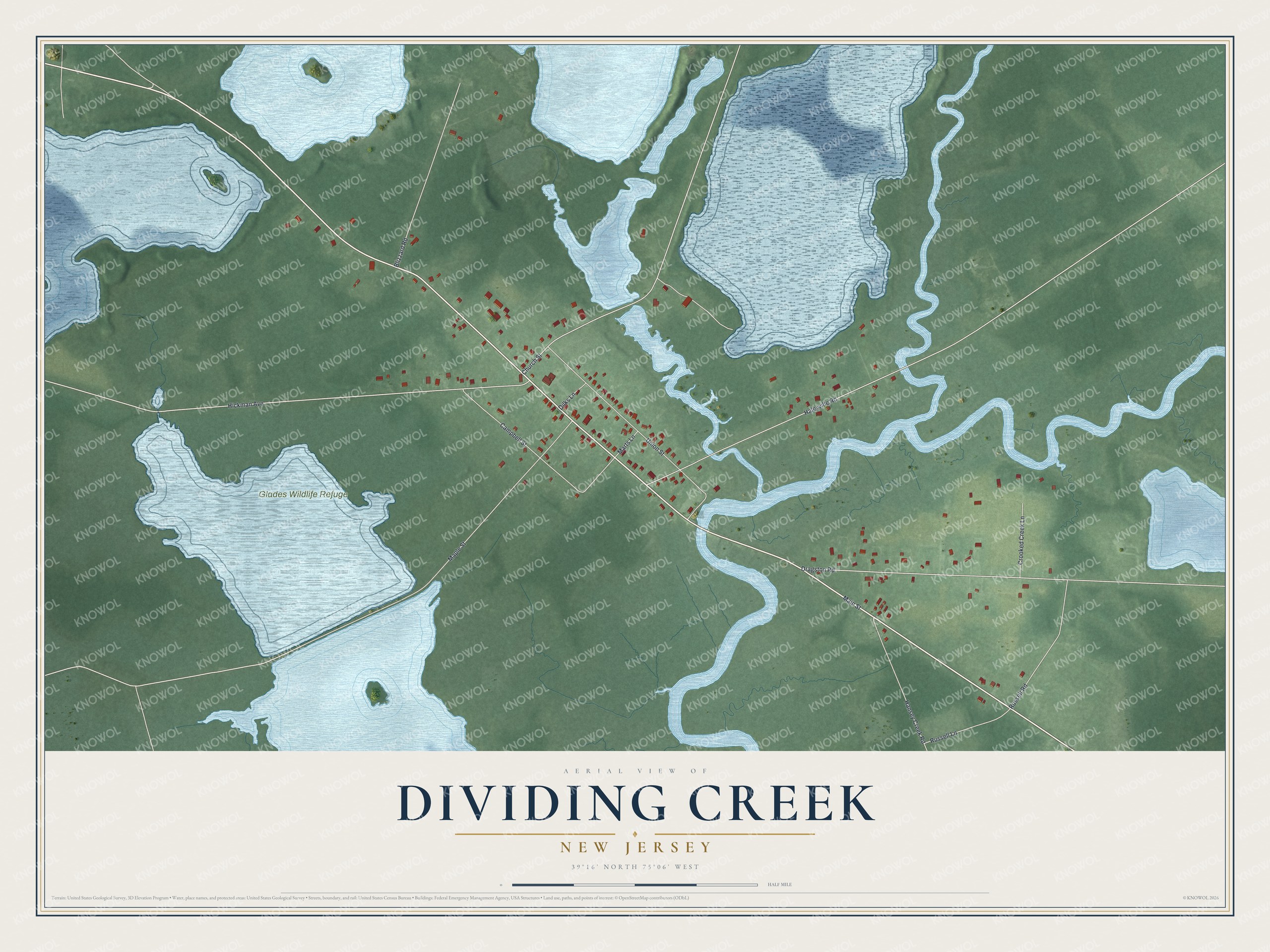 Full map of Dividing Creek, New Jersey, with red buildings, printed street names and the land around them