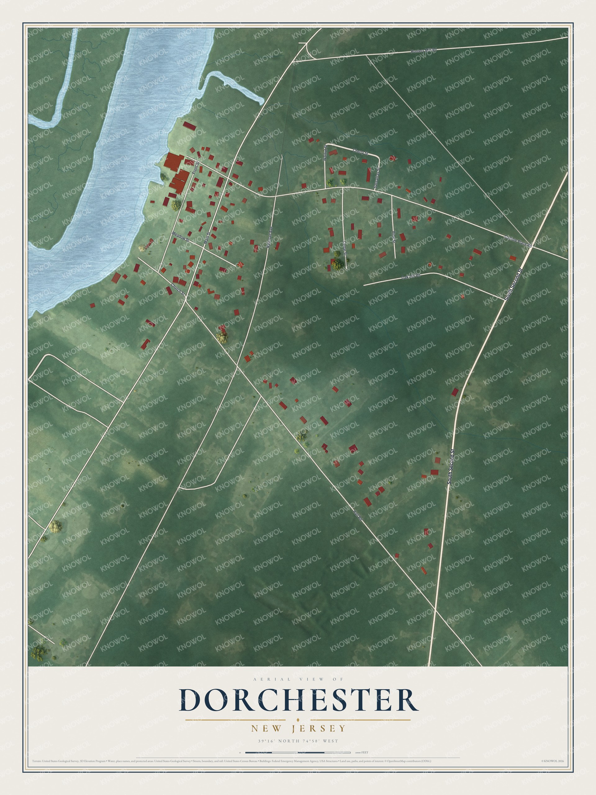 Full map of Dorchester, New Jersey, with red buildings, printed street names and the land around them