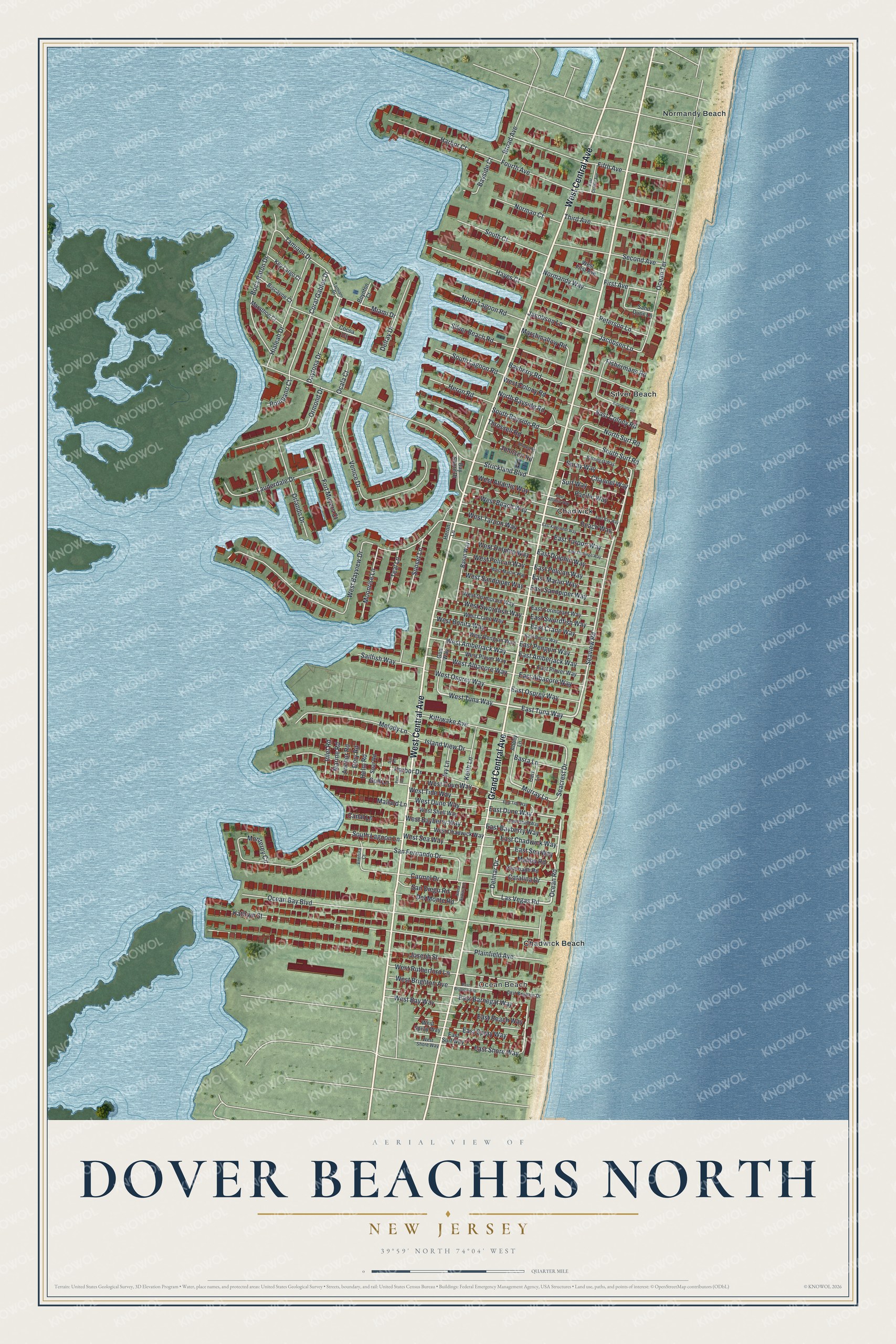 Full map of Dover Beaches North, New Jersey, with red buildings, printed street names and the land around them
