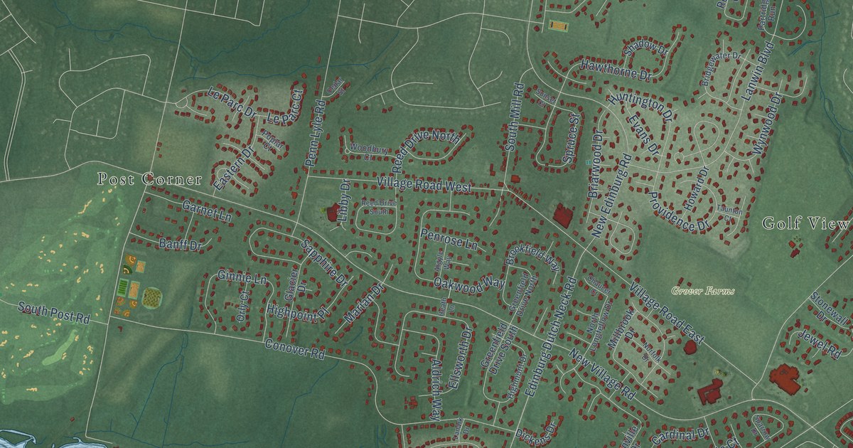 Close-up of streets and buildings in Dutch Neck, Mercer County, New Jersey