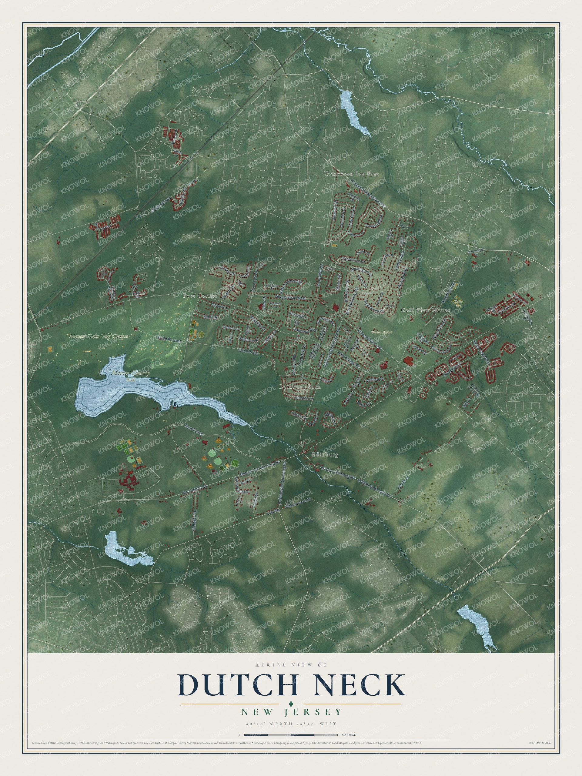 Full map of Dutch Neck, New Jersey, with red buildings, printed street names and the land around them