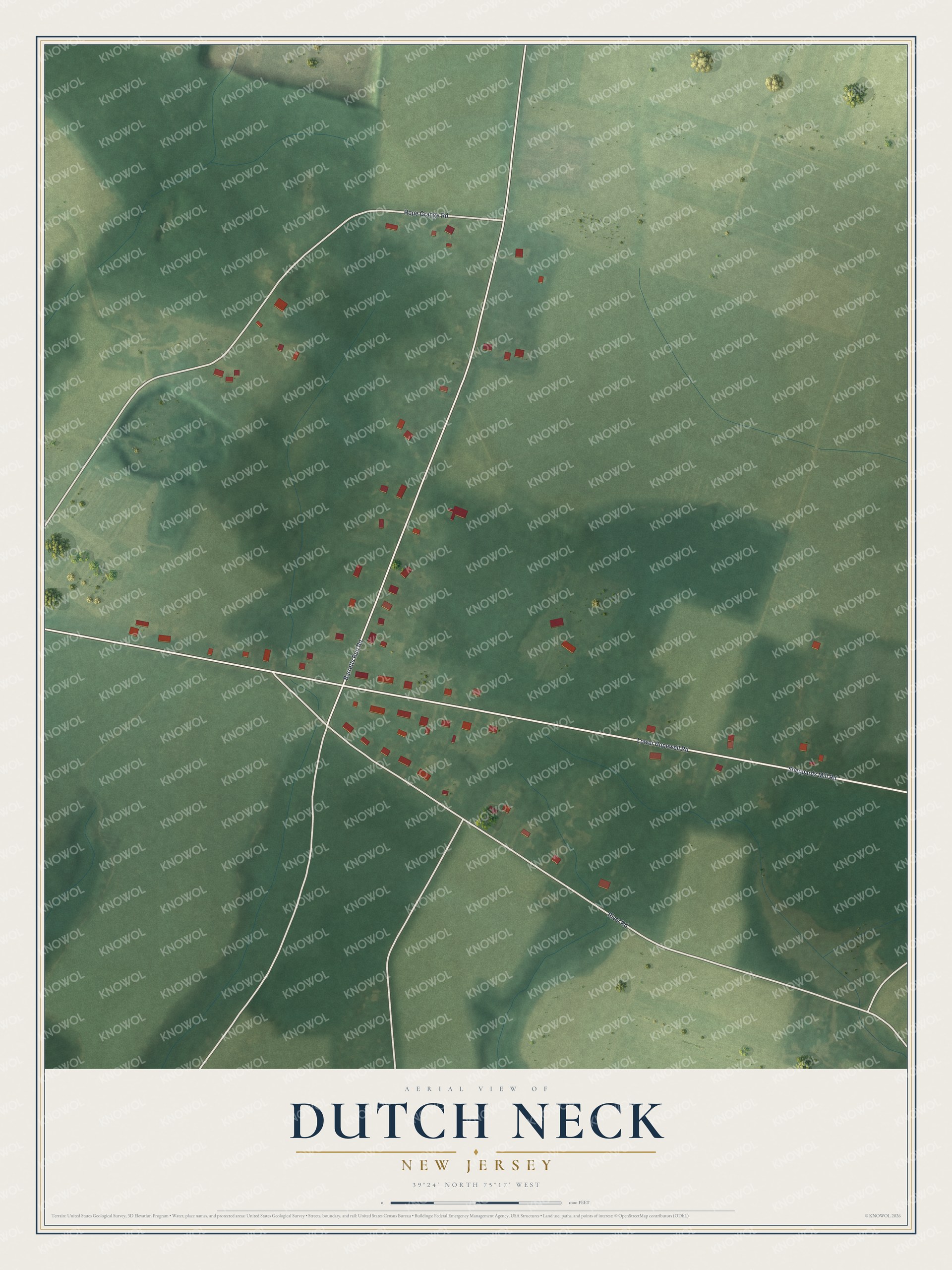 Full map of Dutch Neck, New Jersey, with red buildings, printed street names and the land around them