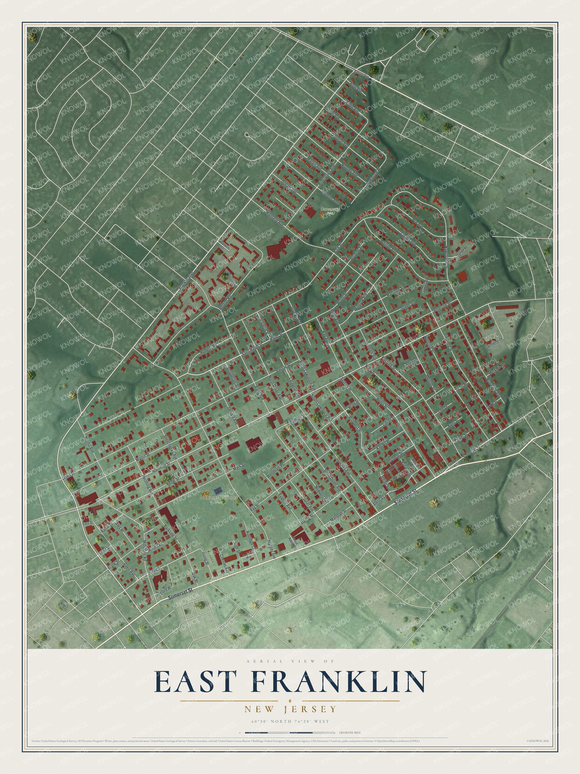 Full map of East Franklin, New Jersey, with red buildings, printed street names and the land around them