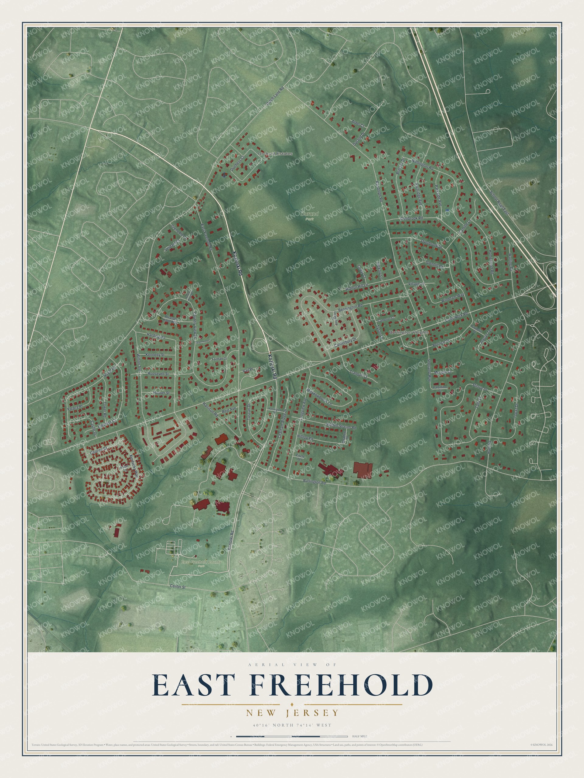 Full map of East Freehold, New Jersey, with red buildings, printed street names and the land around them