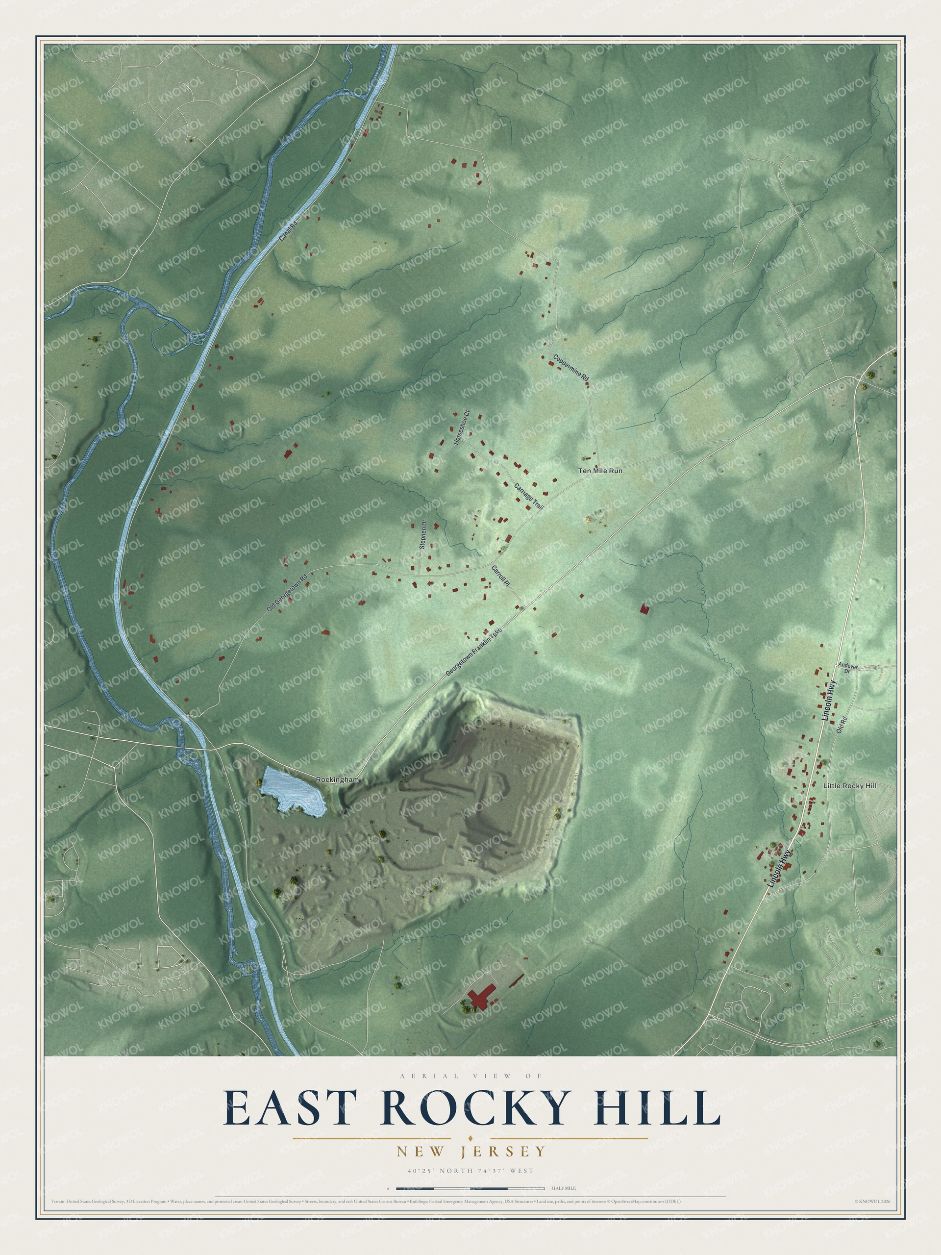 Full map of East Rocky Hill, New Jersey, with red buildings, printed street names and the land around them