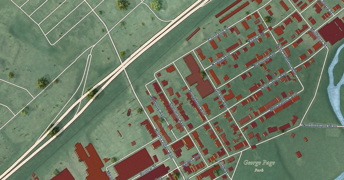 Close-up of streets and buildings in East Trenton, New Jersey