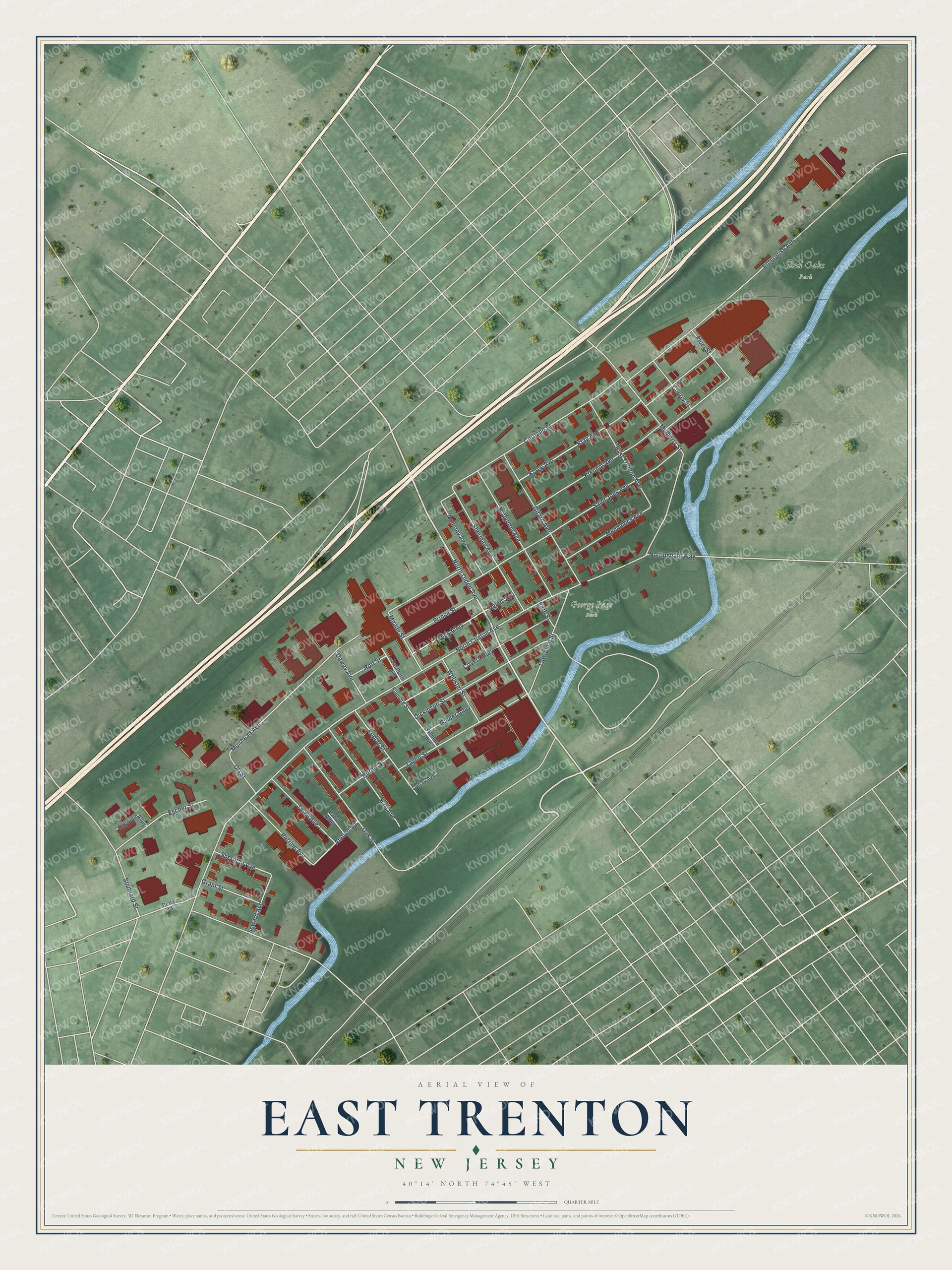 Full map of East Trenton, New Jersey, with red buildings, printed street names and the land around them