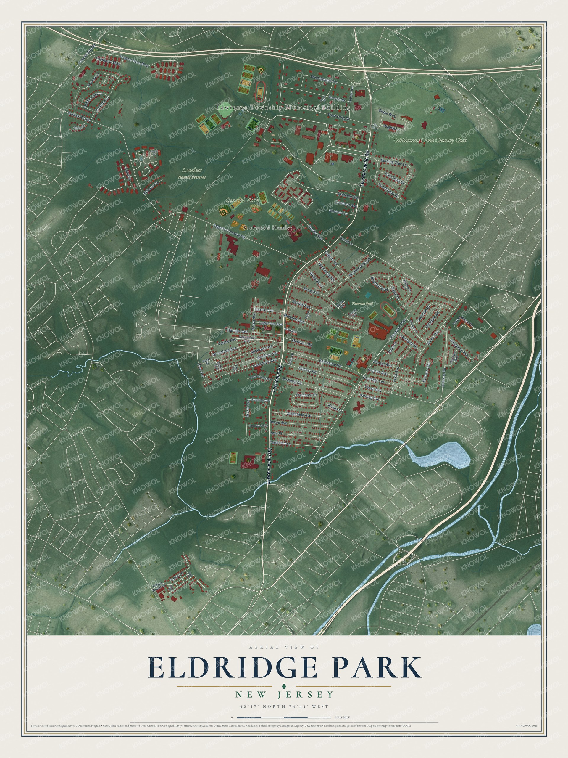 Full map of Eldridge Park, New Jersey, with red buildings, printed street names and the land around them