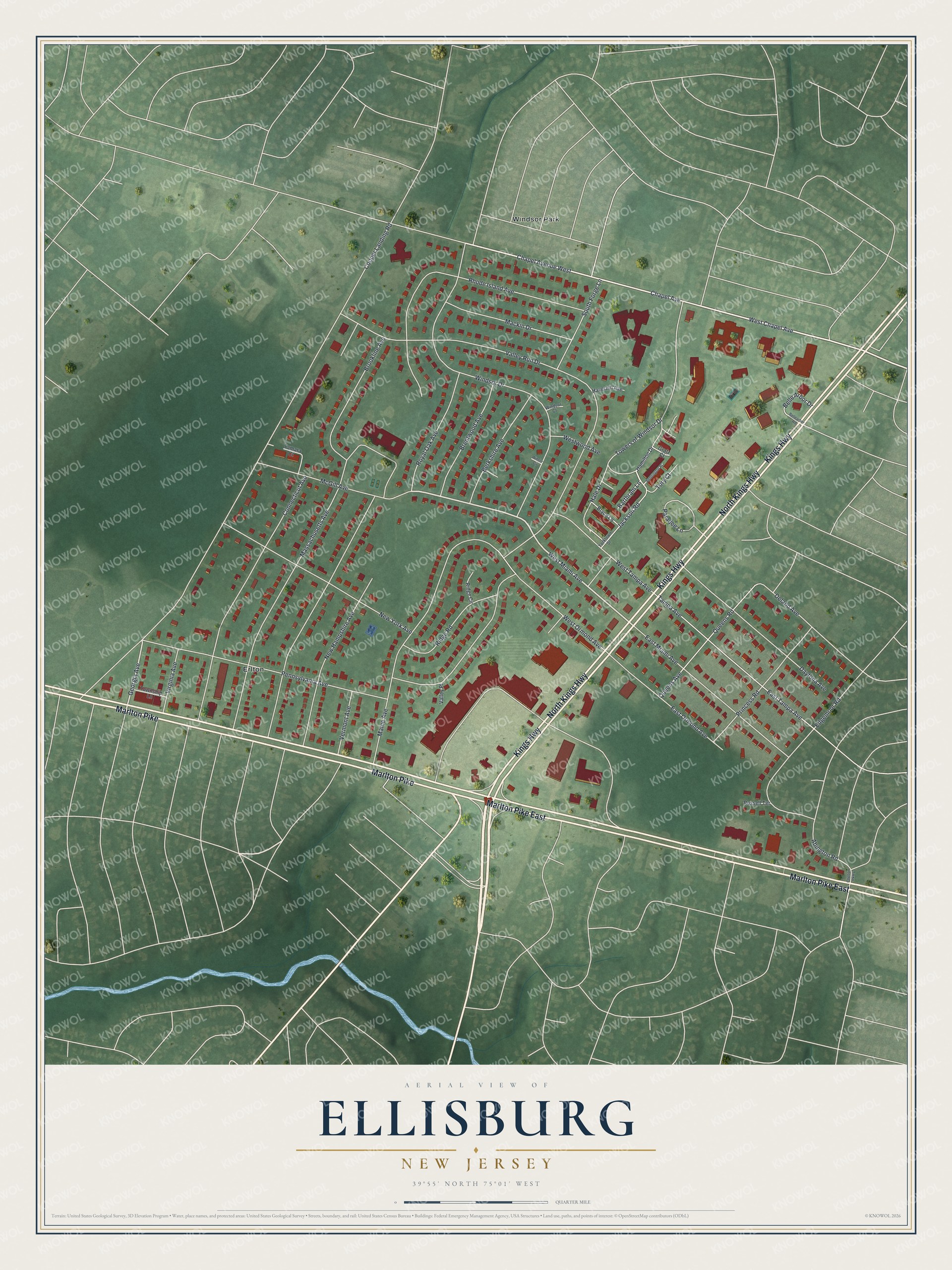 Full map of Ellisburg, New Jersey, with red buildings, printed street names and the land around them