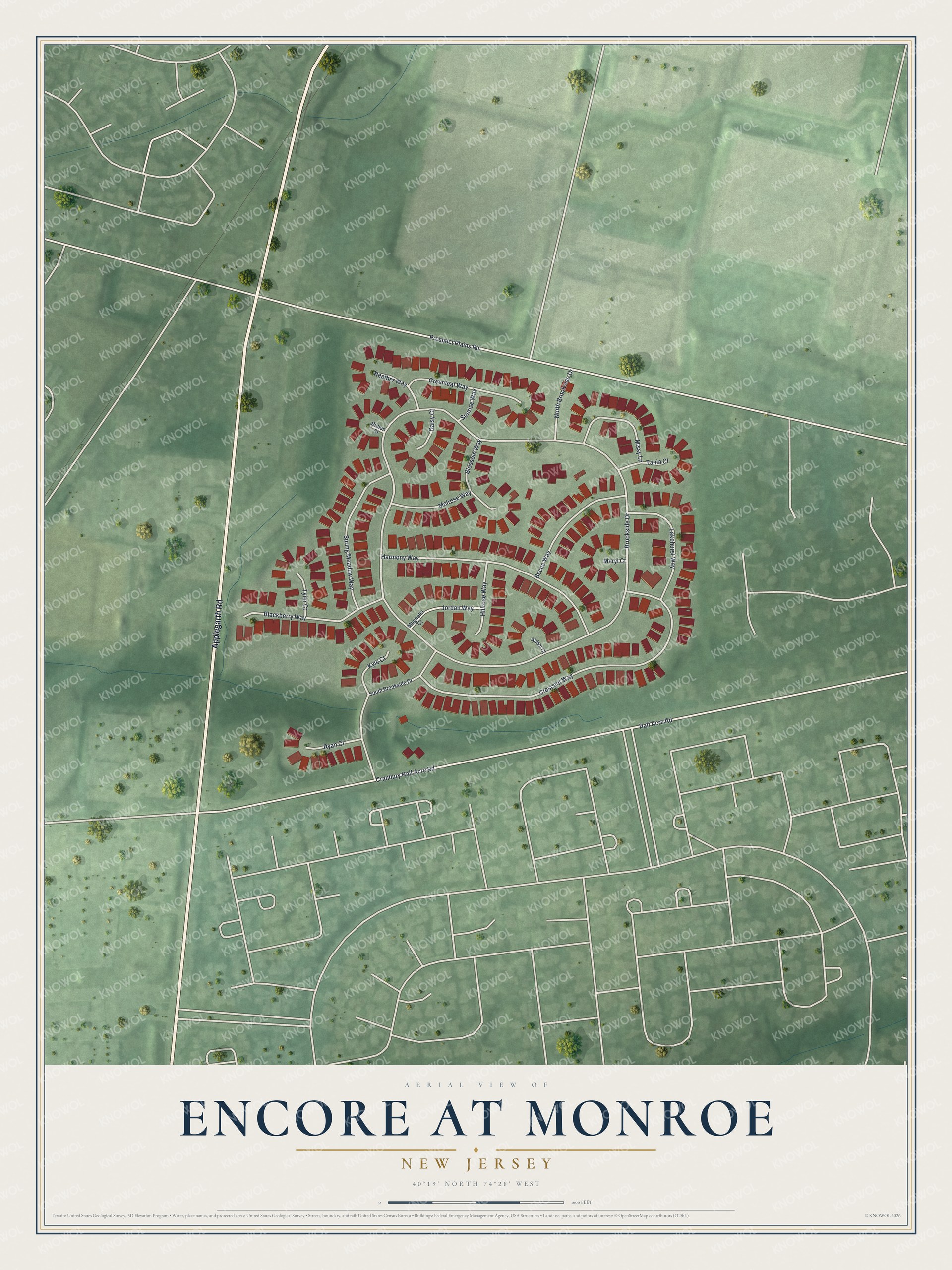 Full map of Encore at Monroe, New Jersey, with red buildings, printed street names and the land around them