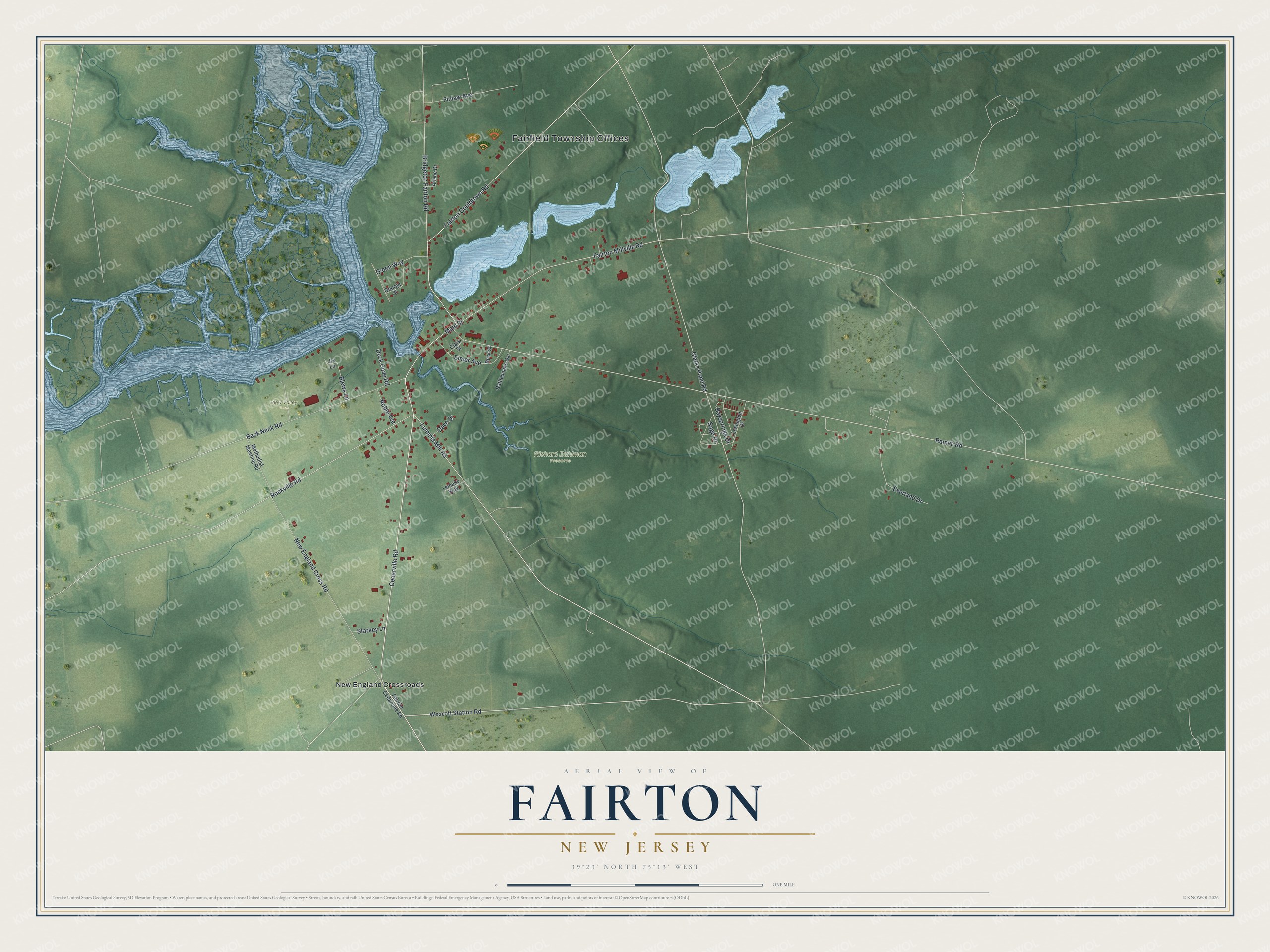 Full map of Fairton, New Jersey, with red buildings, printed street names and the land around them