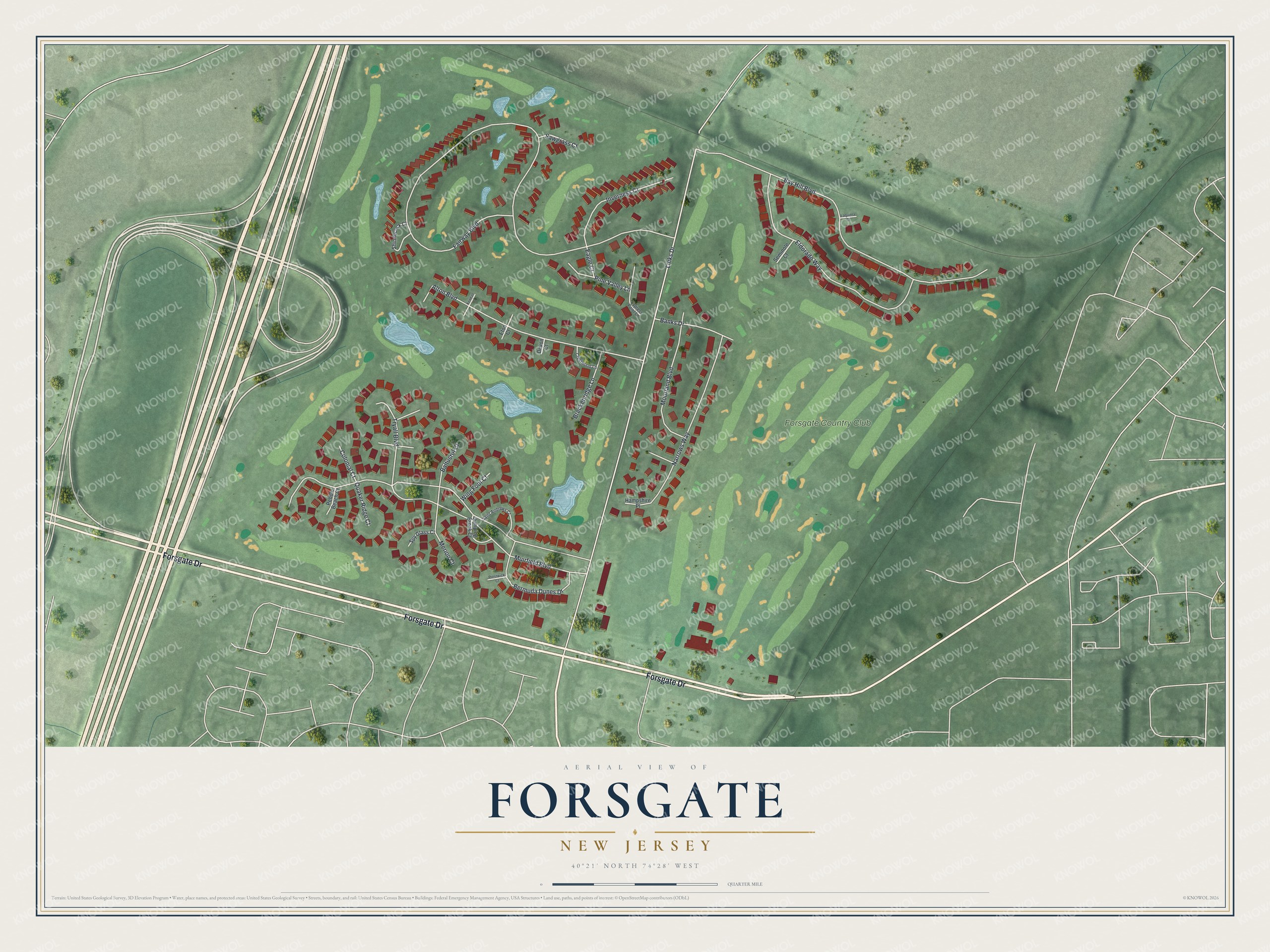 Full map of Forsgate, New Jersey, with red buildings, printed street names and the land around them