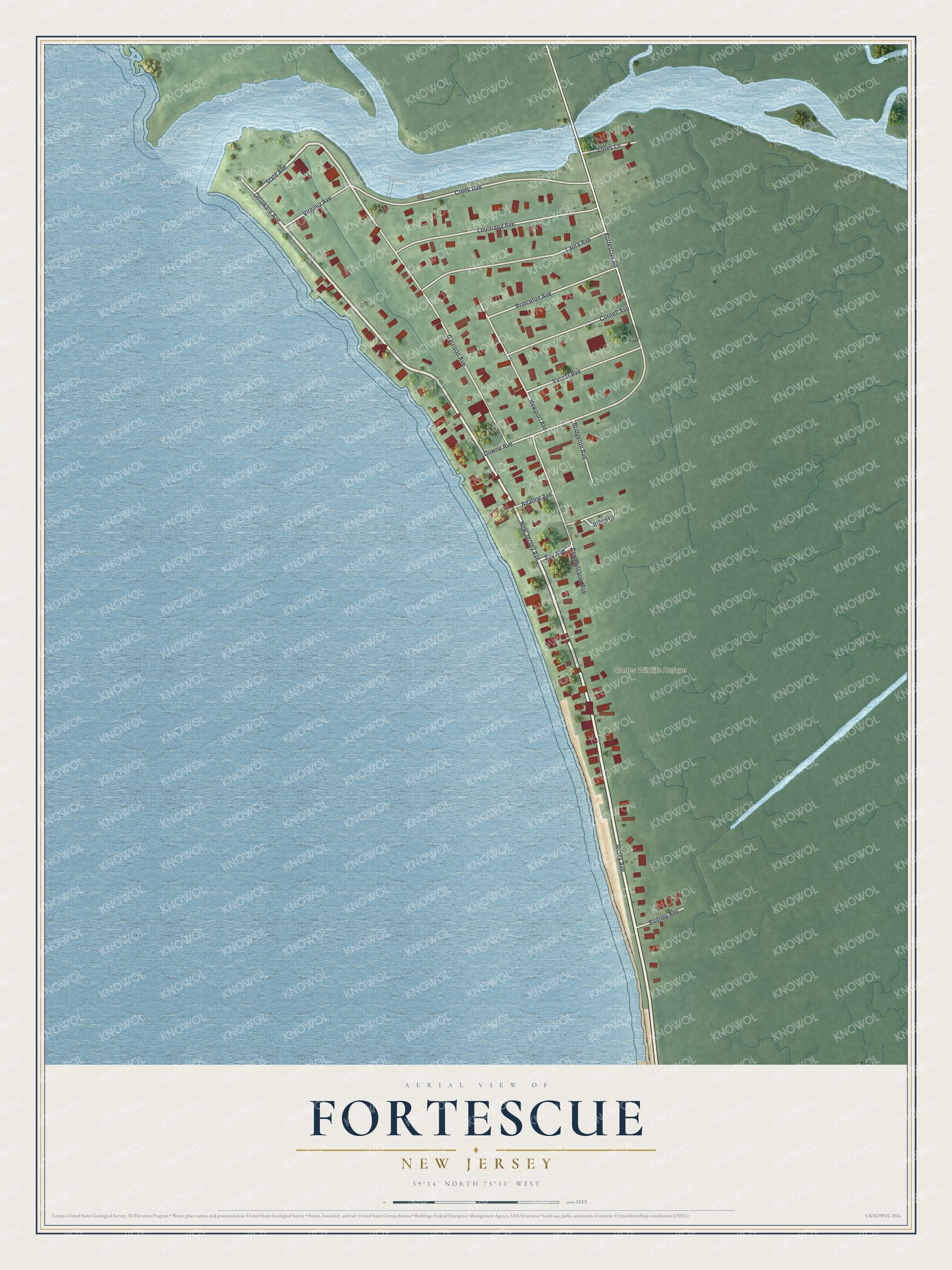 Full map of Fortescue, New Jersey, with red buildings, printed street names and the land around them