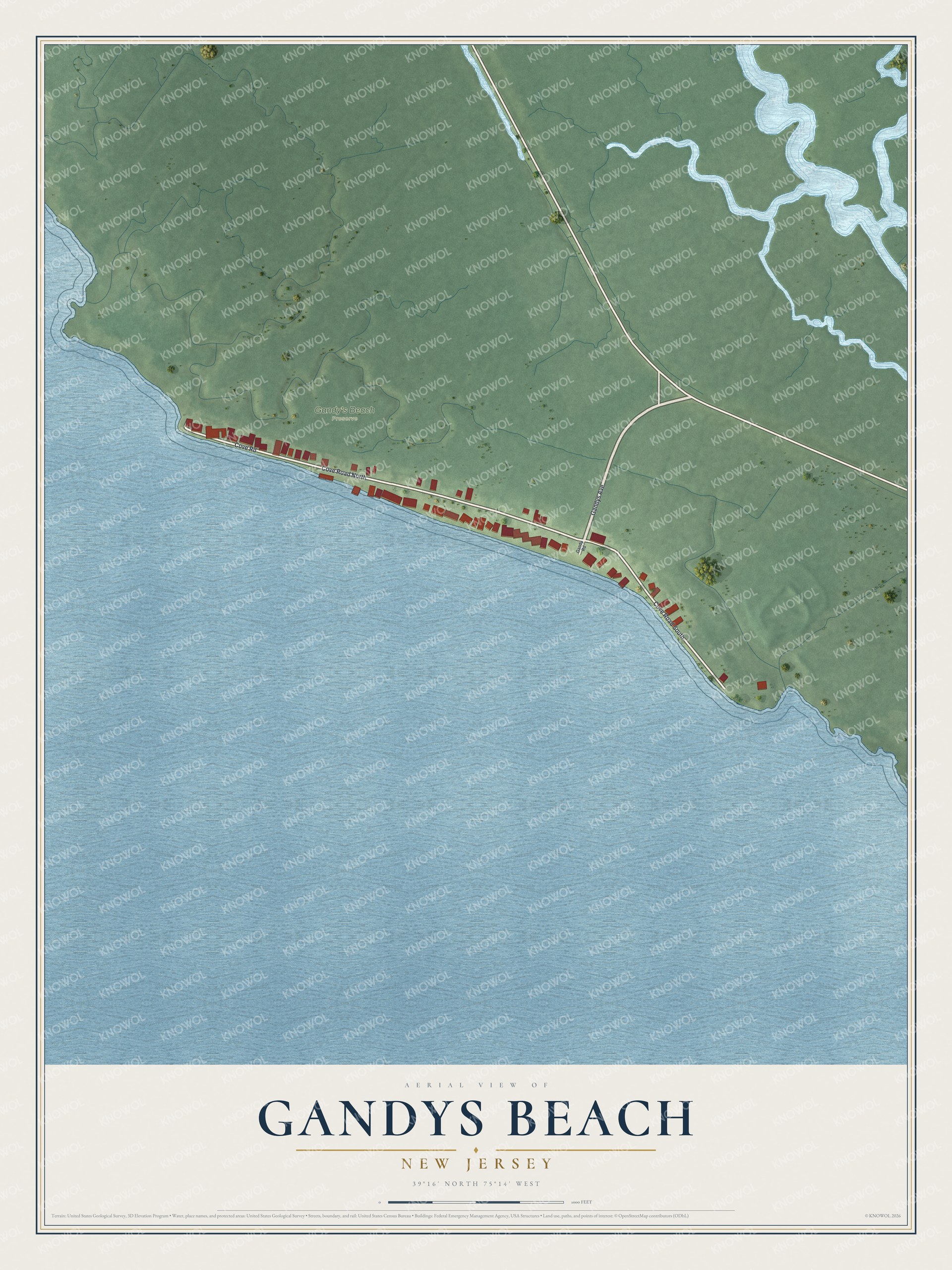 Full map of Gandys Beach, New Jersey, with red buildings, printed street names and the land around them
