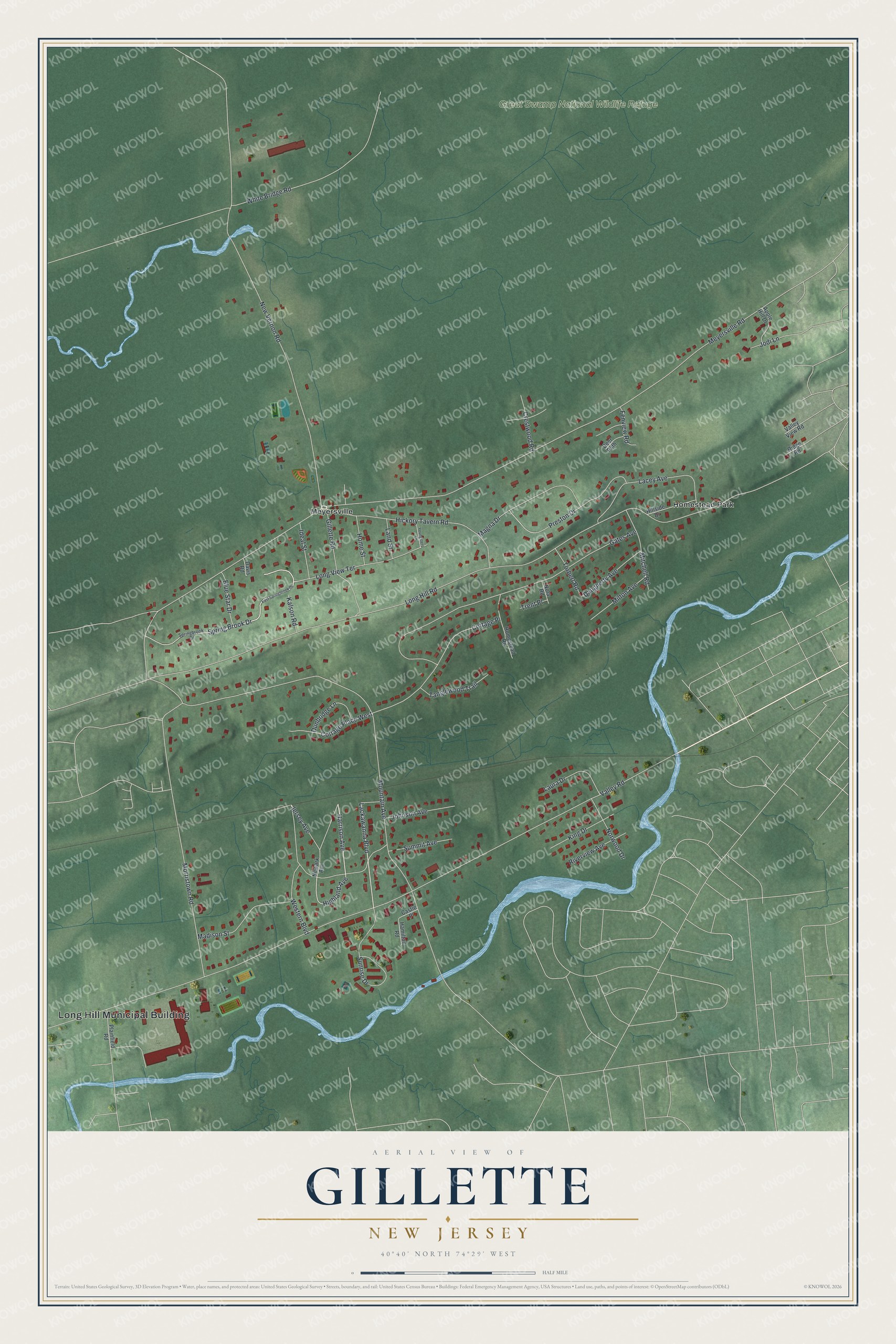 Full map of Gillette, New Jersey, with red buildings, printed street names and the land around them