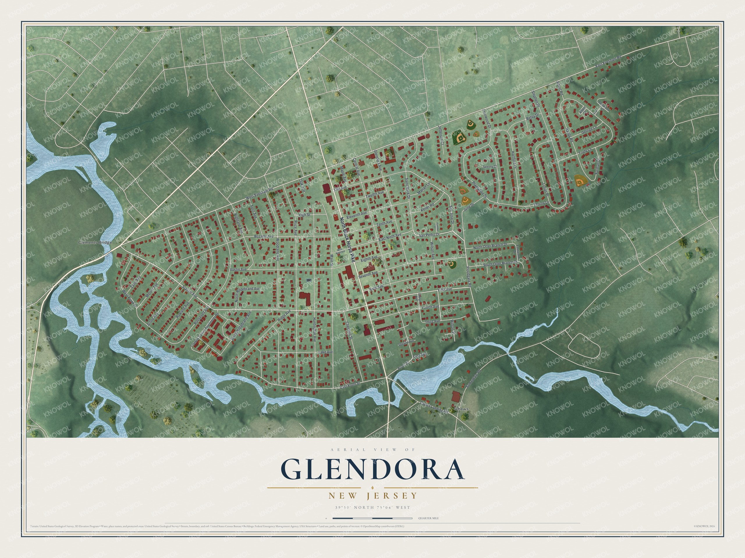 Full map of Glendora, New Jersey, with red buildings, printed street names and the land around them