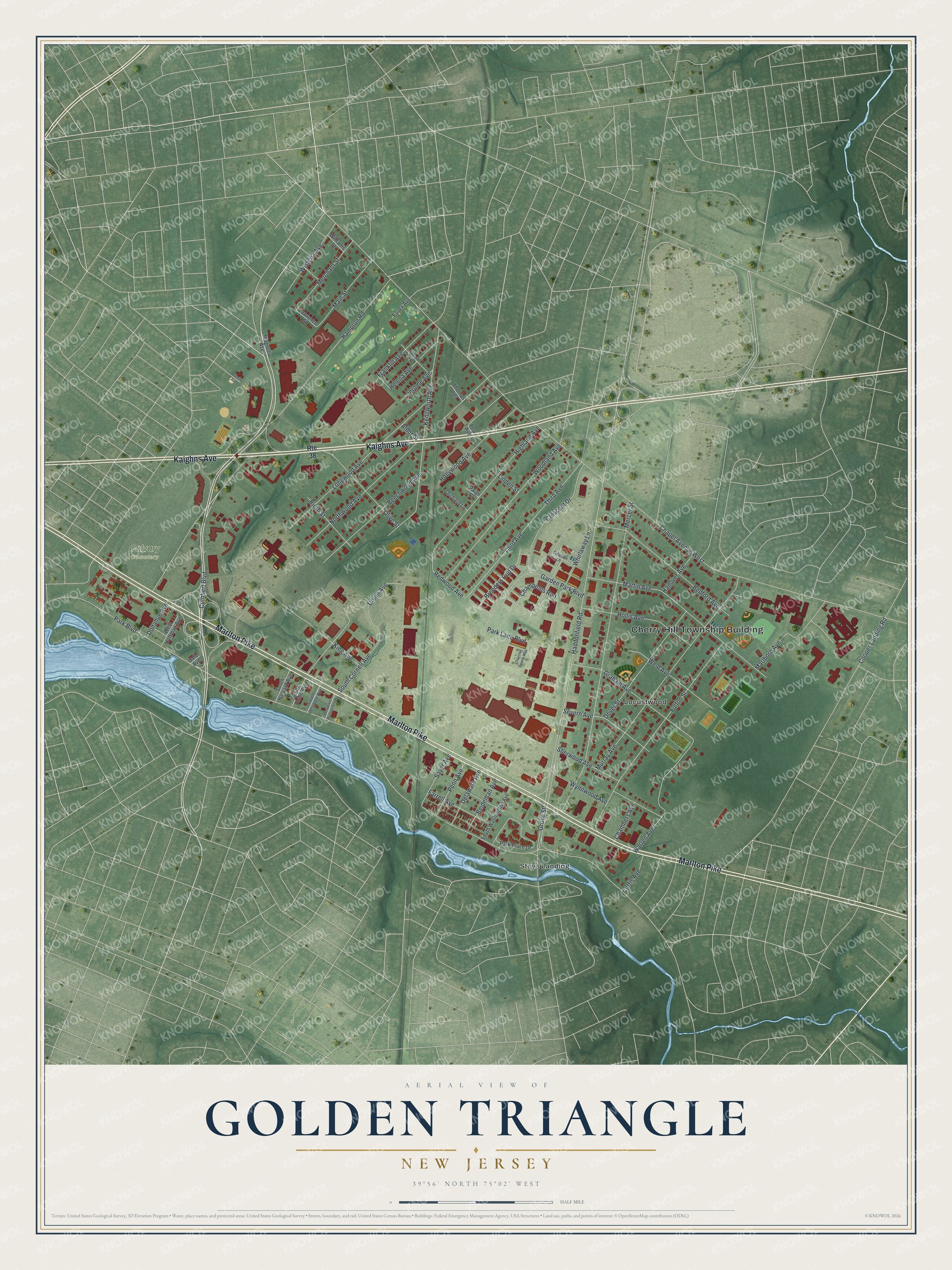Full map of Golden Triangle, New Jersey, with red buildings, printed street names and the land around them