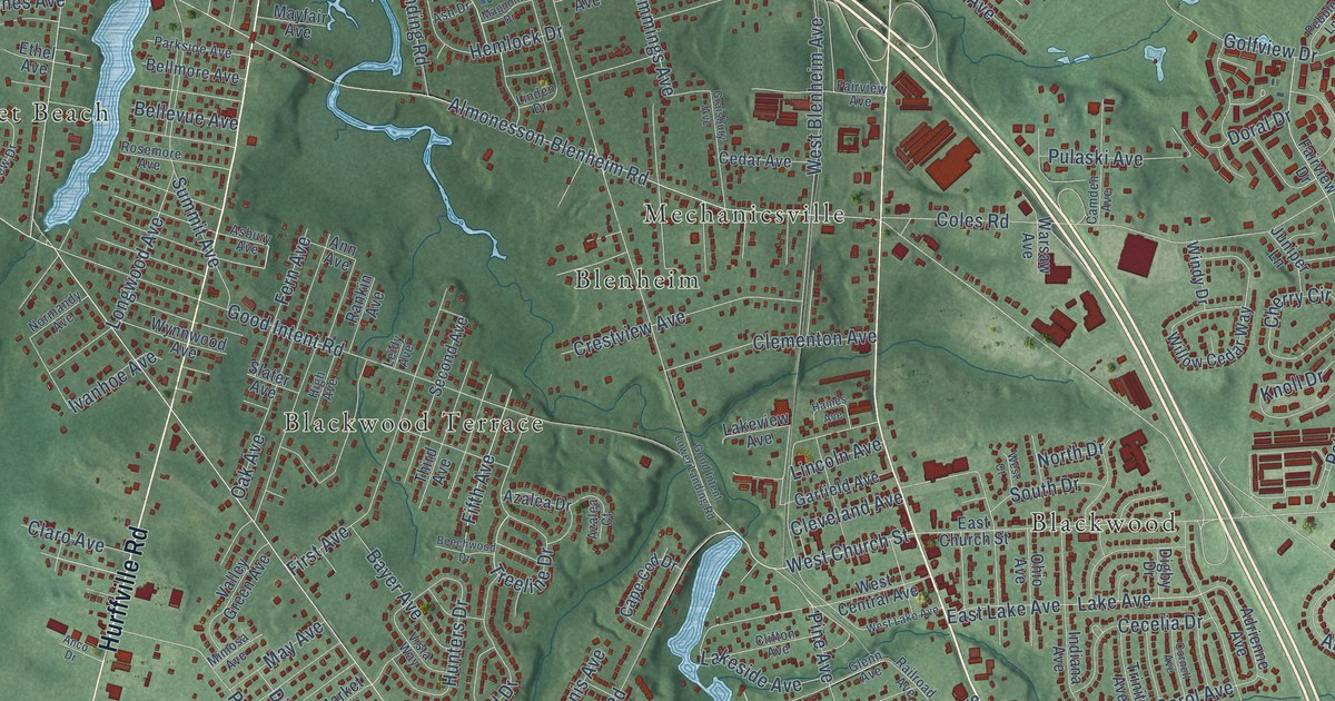 Close-up of streets and buildings in Good Intent, New Jersey