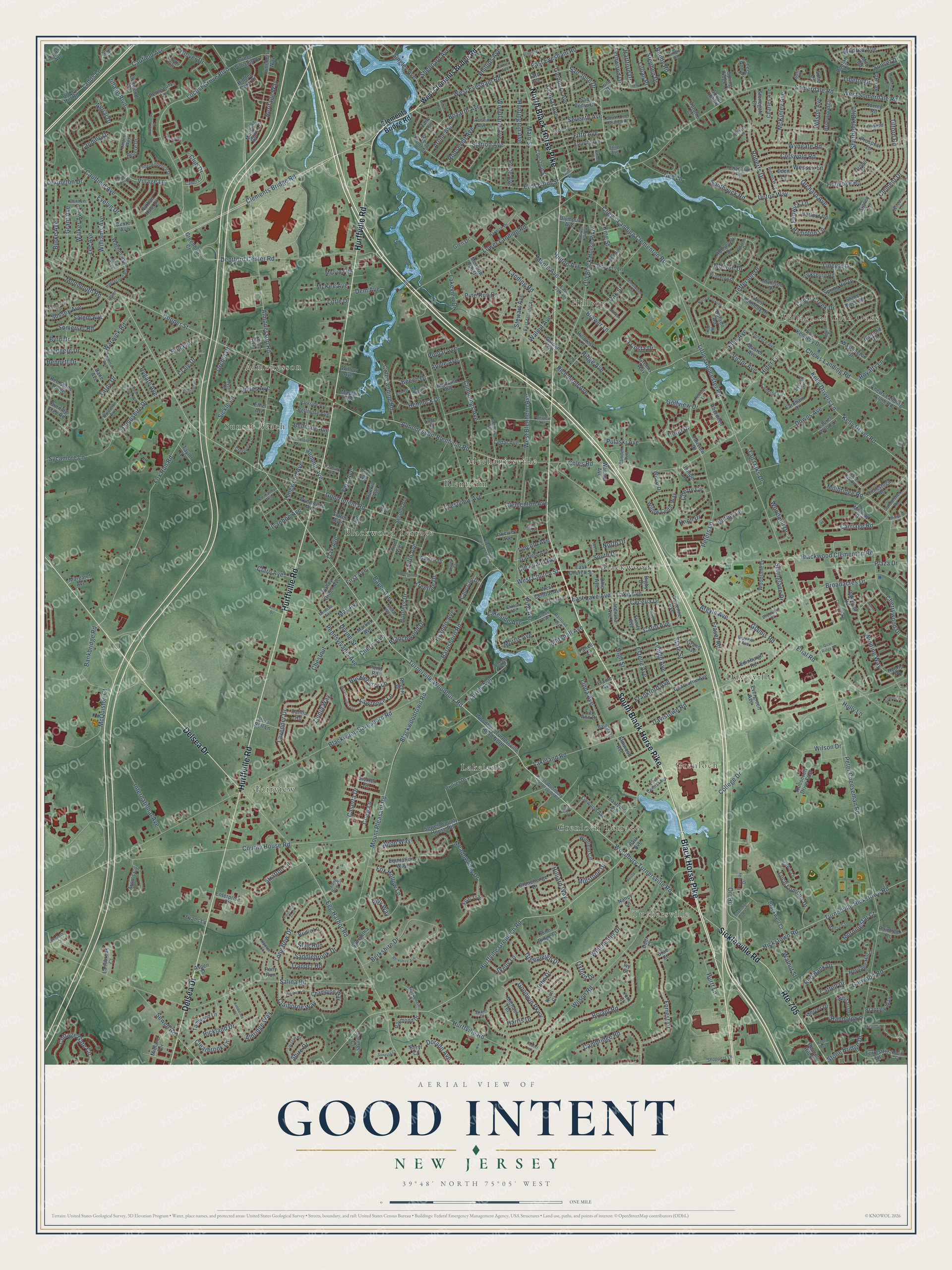 Full map of Good Intent, New Jersey, with red buildings, printed street names and the land around them