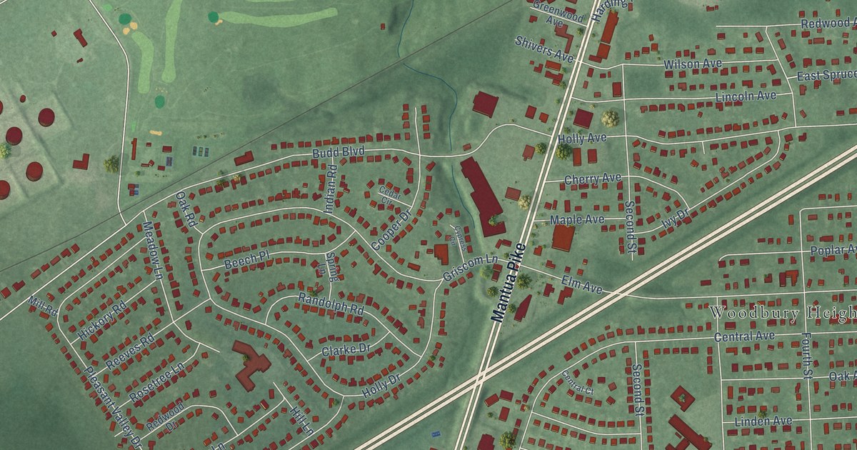 Close-up of streets and buildings in Green-Fields, New Jersey