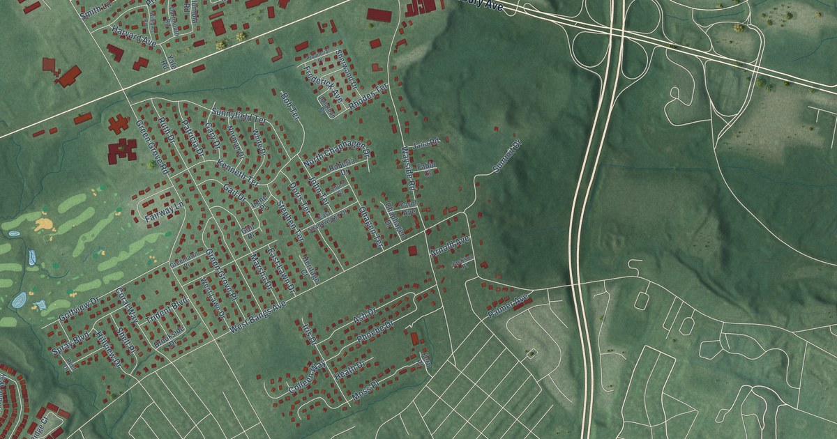 Close-up of streets and buildings in Green Grove, New Jersey