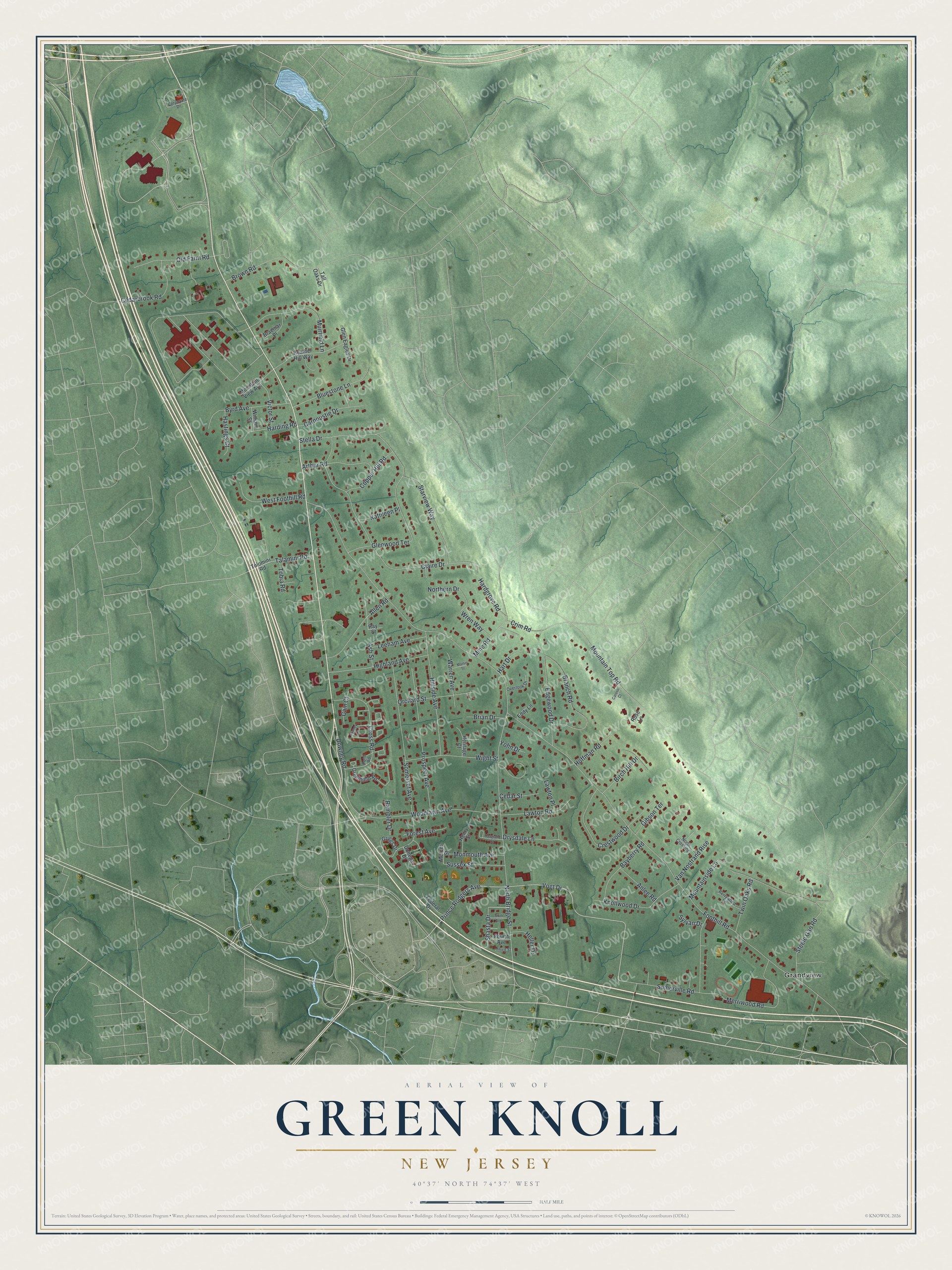 Full map of Green Knoll, New Jersey, with red buildings, printed street names and the land around them