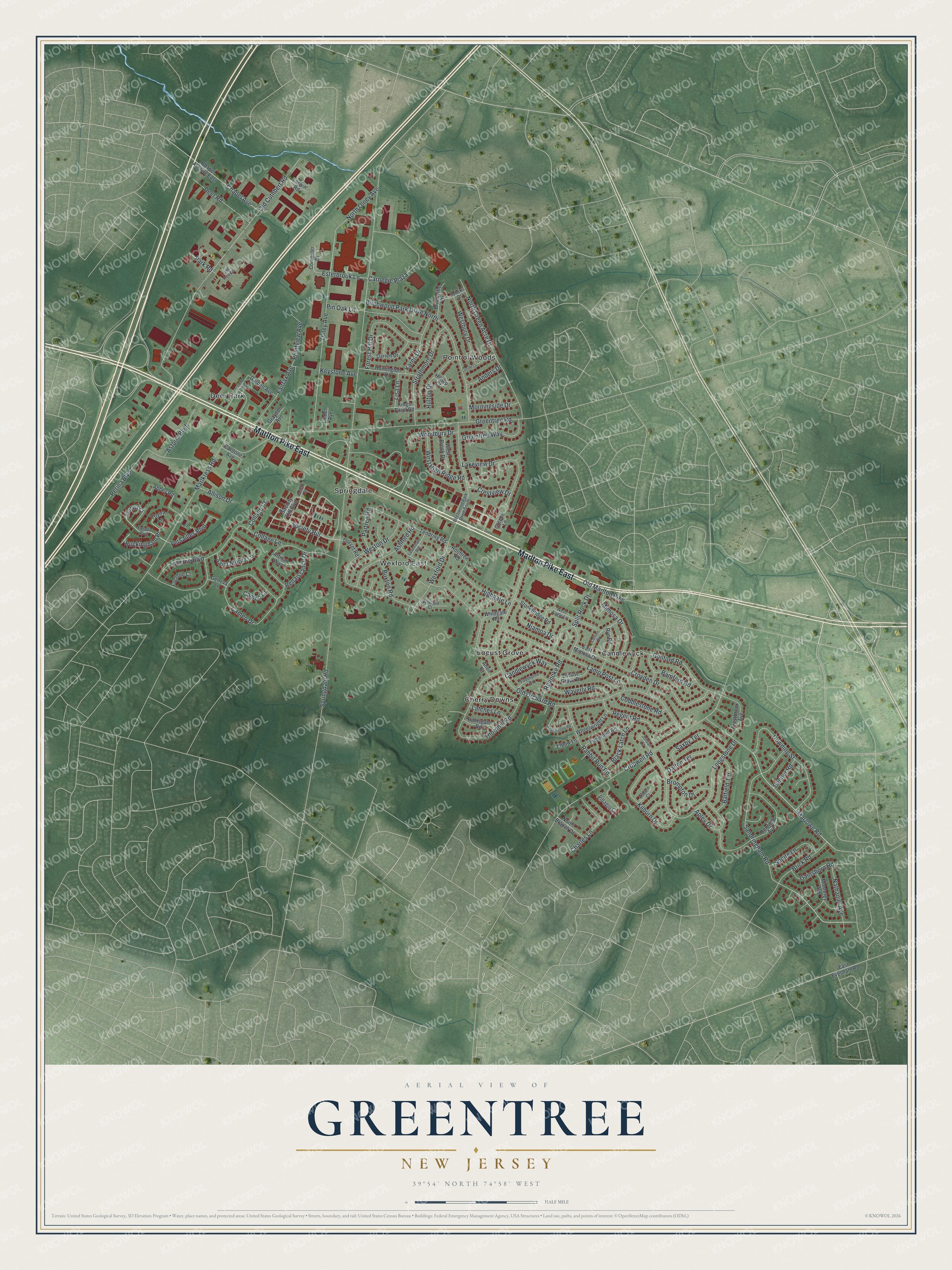 Full map of Greentree, New Jersey, with red buildings, printed street names and the land around them
