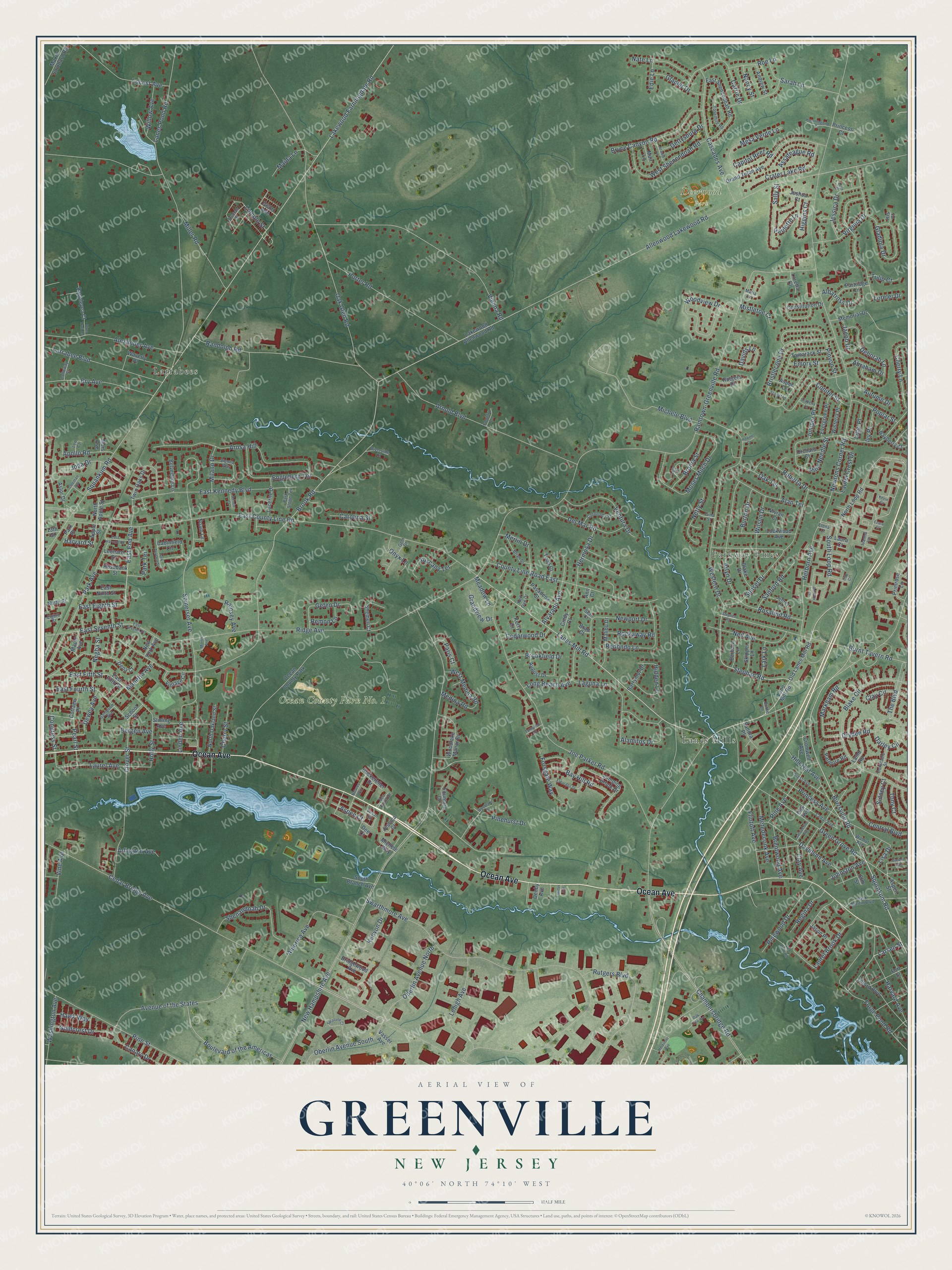 Full map of Greenville, New Jersey, with red buildings, printed street names and the land around them