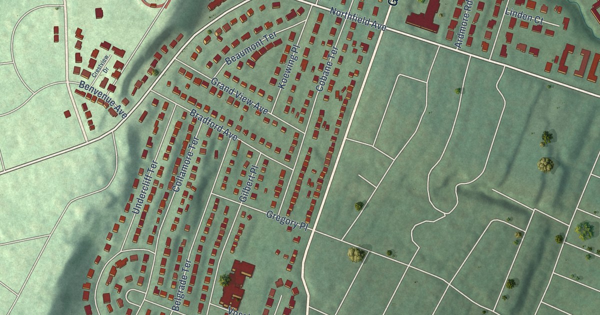 Close-up of streets and buildings in Gregory, New Jersey